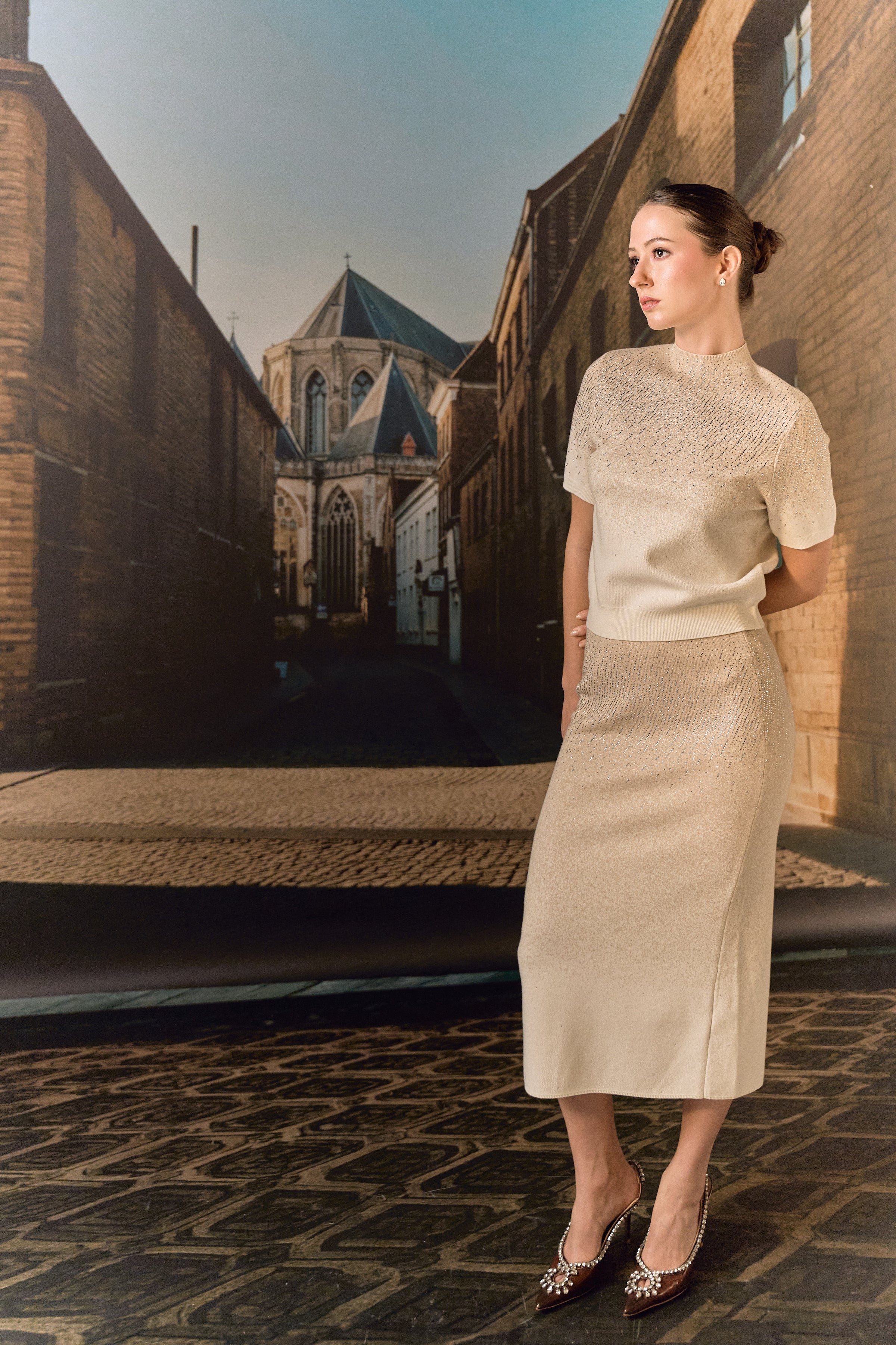 Swarovski skirt & top evening set in cashmere blend - Ecru