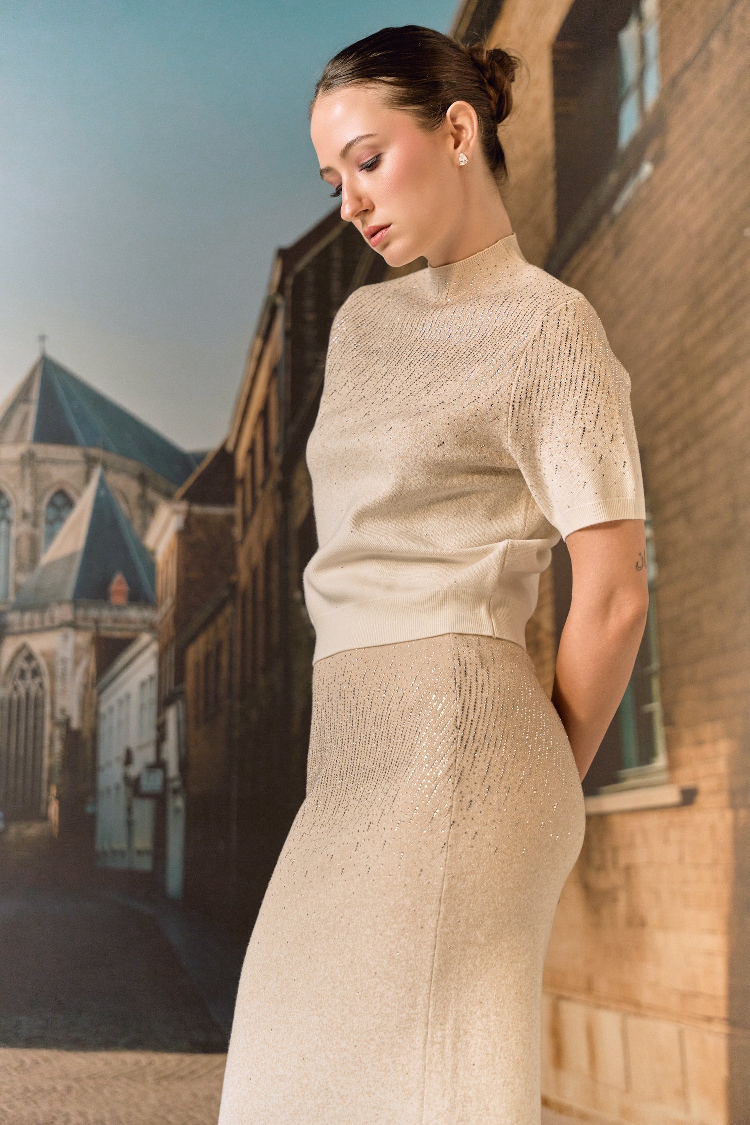 Swarovski skirt & top evening set in cashmere blend - Ecru