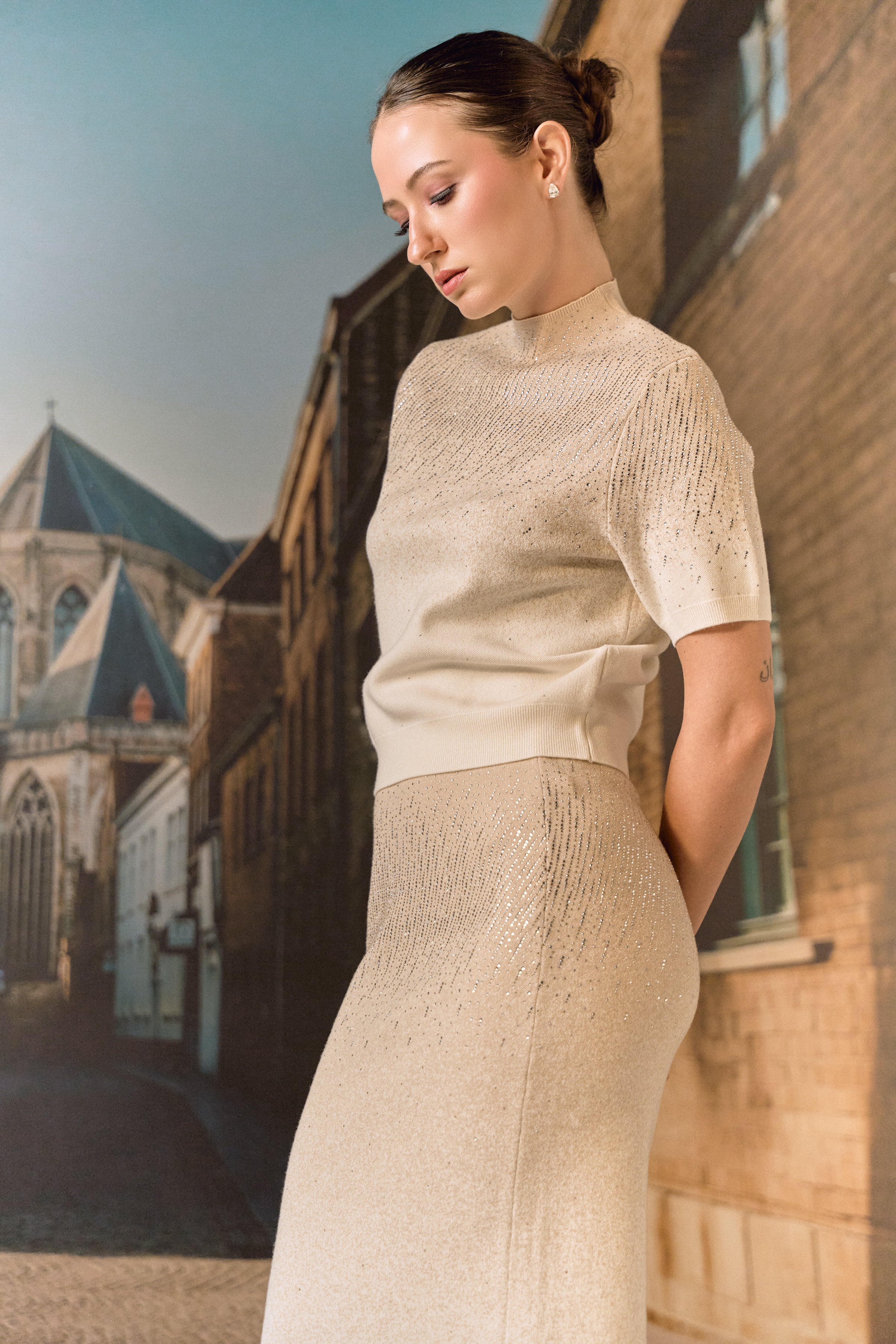 Swarovski skirt & top evening set in cashmere blend - Ecru