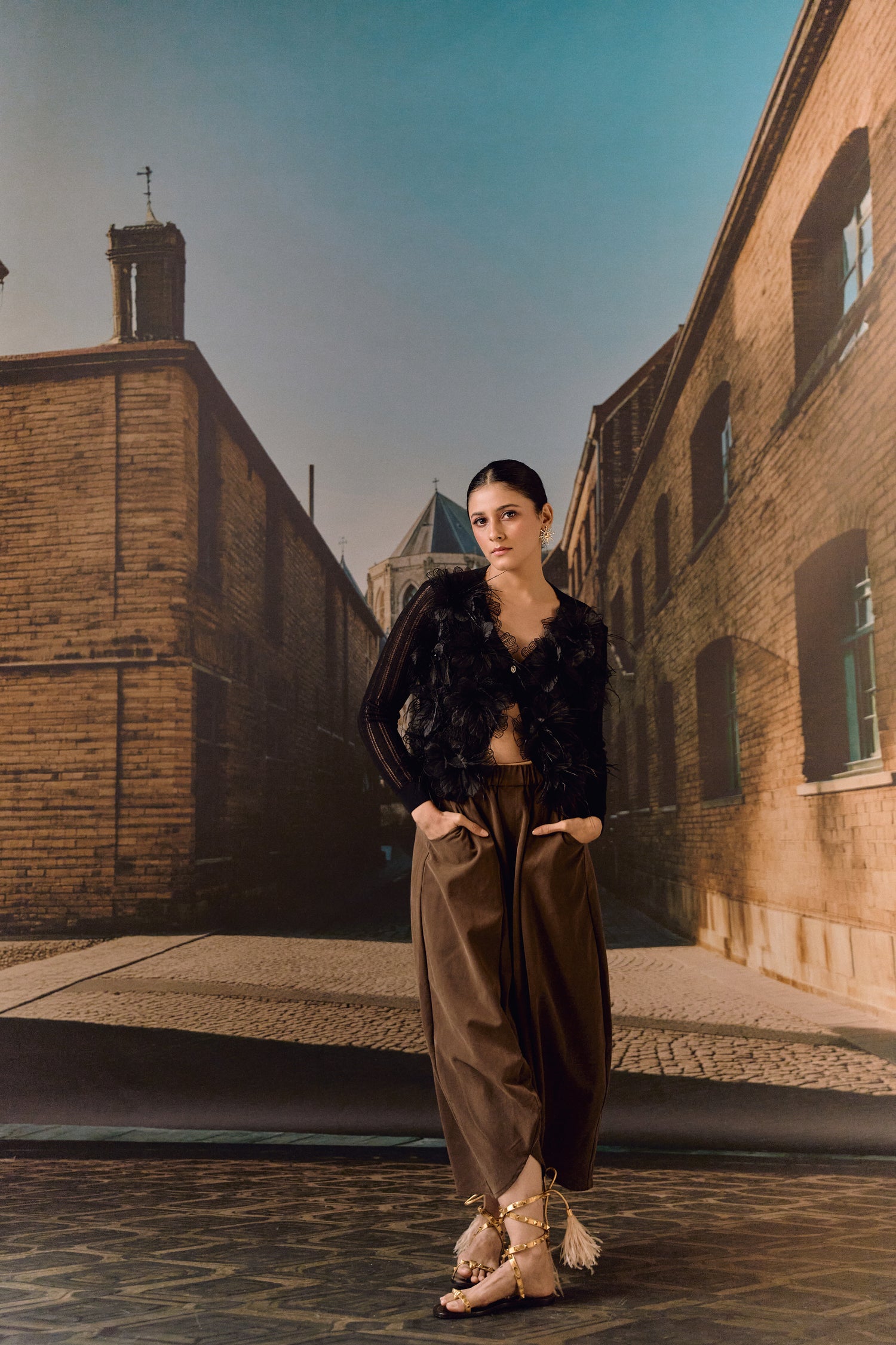Summer Cardigan with 3D Flower appliqué & ostrich feather - Black
