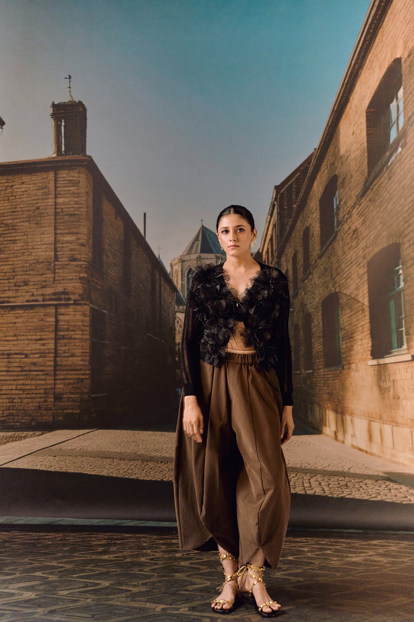 Summer Cardigan with 3D Flower appliqué & ostrich feather - Black