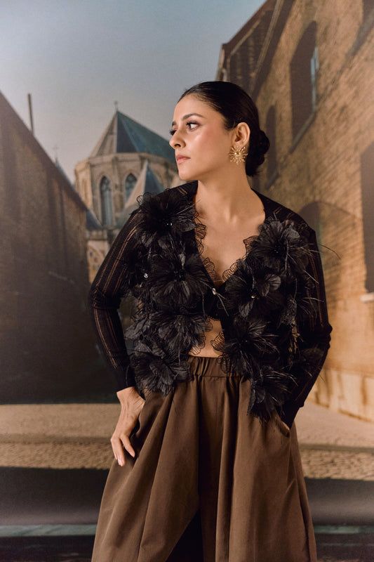 Summer Cardigan with 3D Flower appliqué & ostrich feather - Black