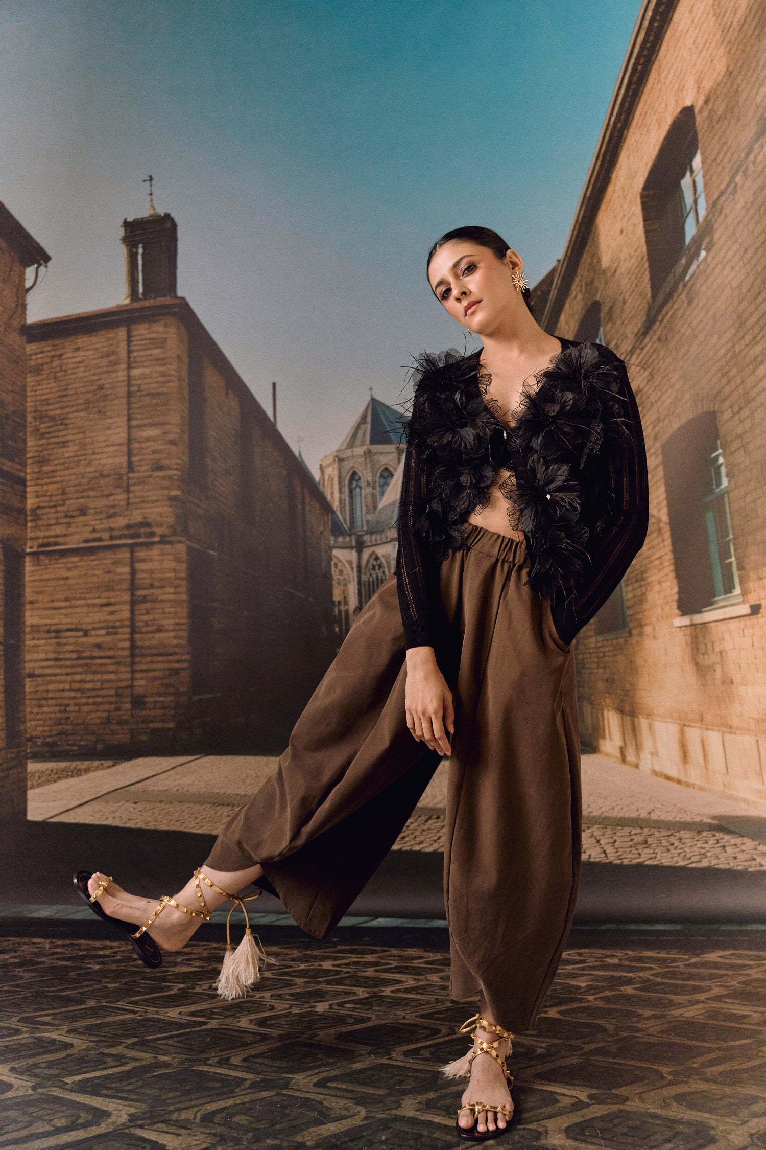 Summer Cardigan with 3D Flower appliqué & ostrich feather - Black