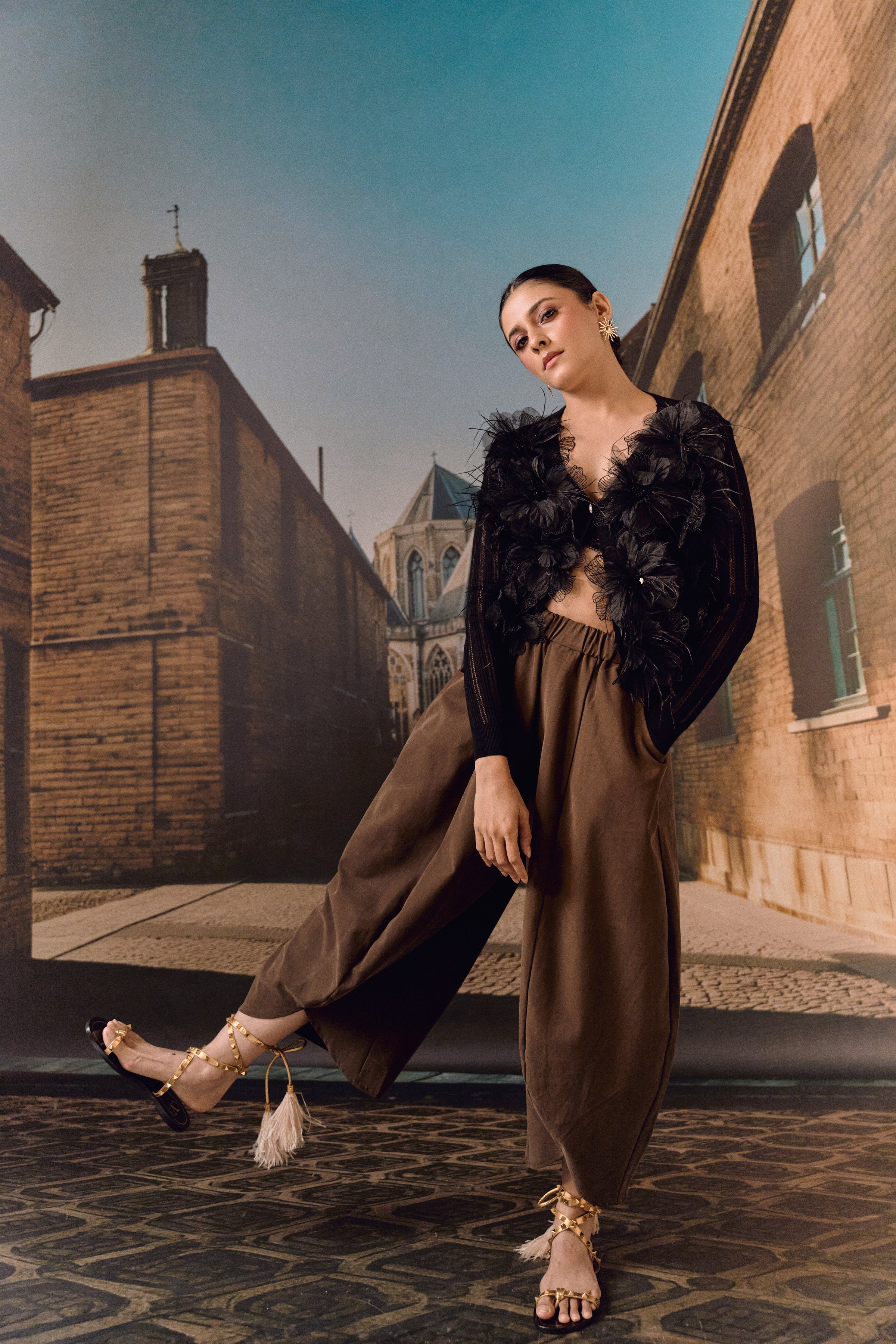 Summer Cardigan with 3D Flower appliqué & ostrich feather - Black