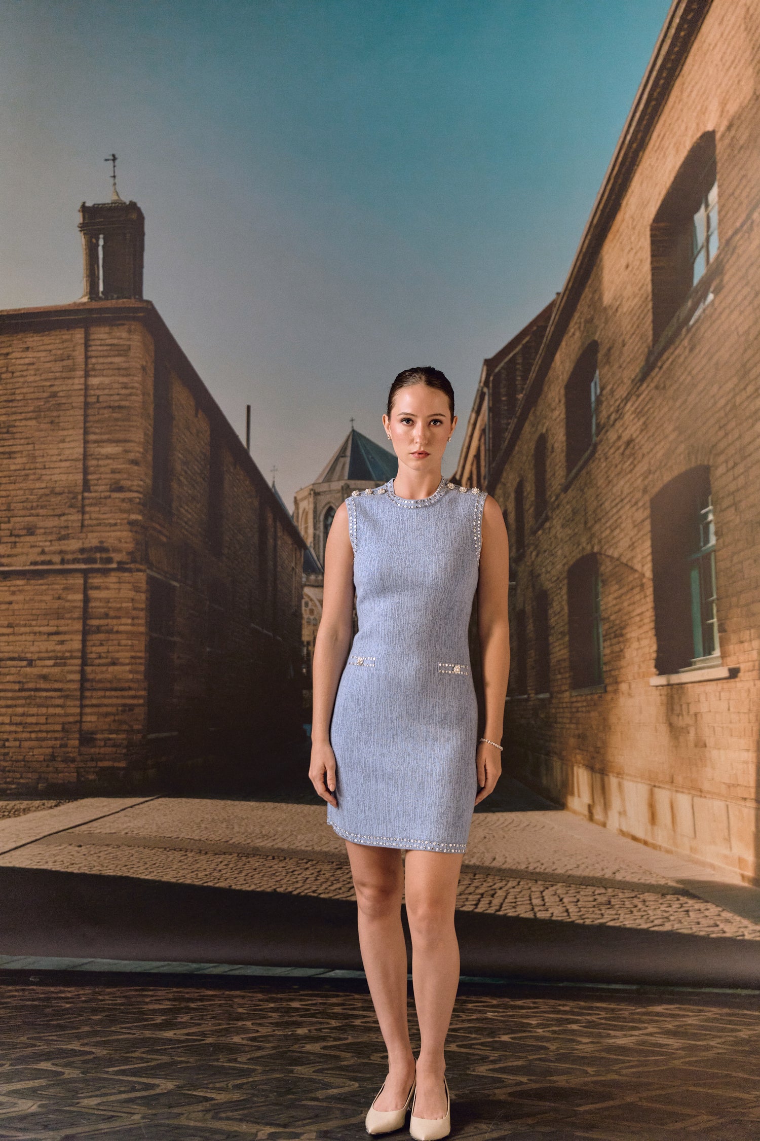 Cashmere Wool shift dress with crystal studs