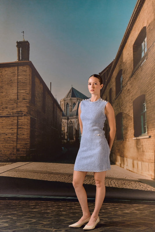 Cashmere Wool shift dress with crystal studs