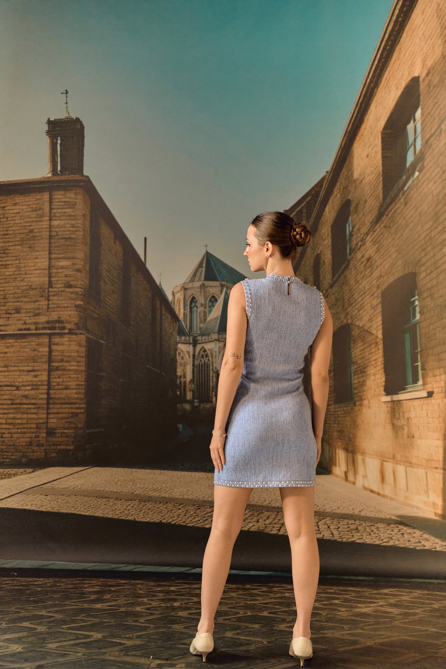 Cashmere Wool shift dress with crystal studs