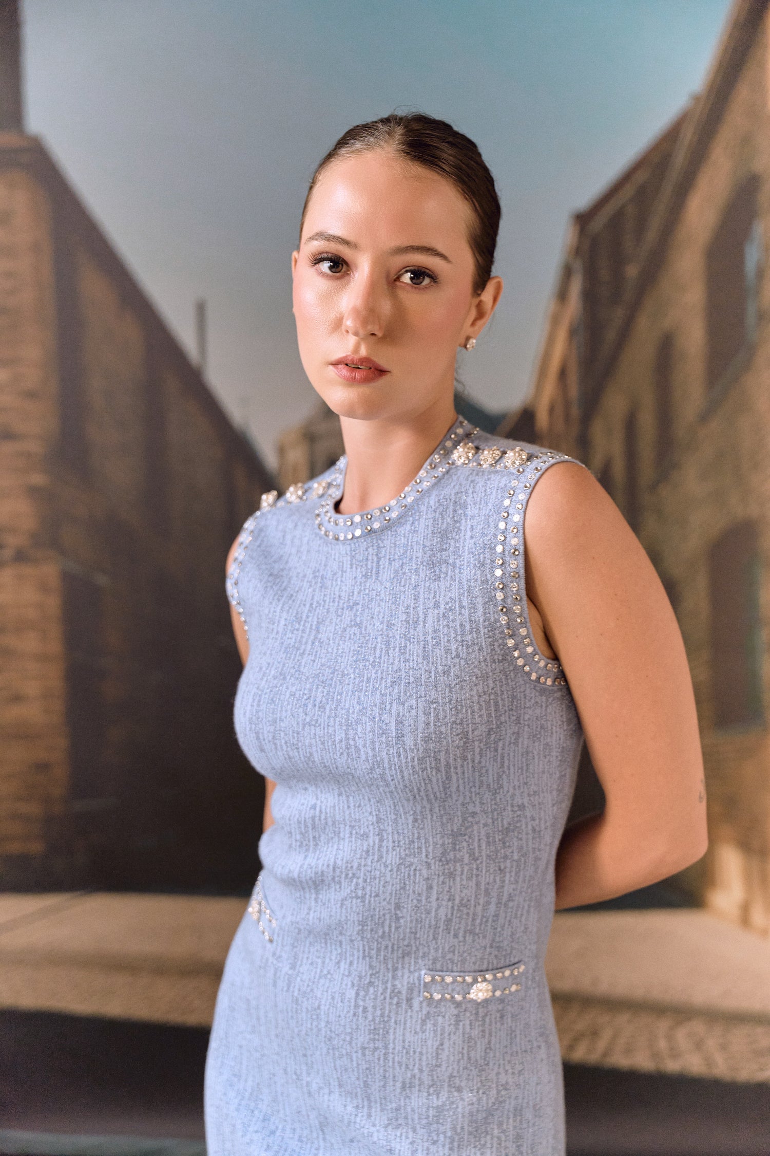 Cashmere Wool shift dress with crystal studs