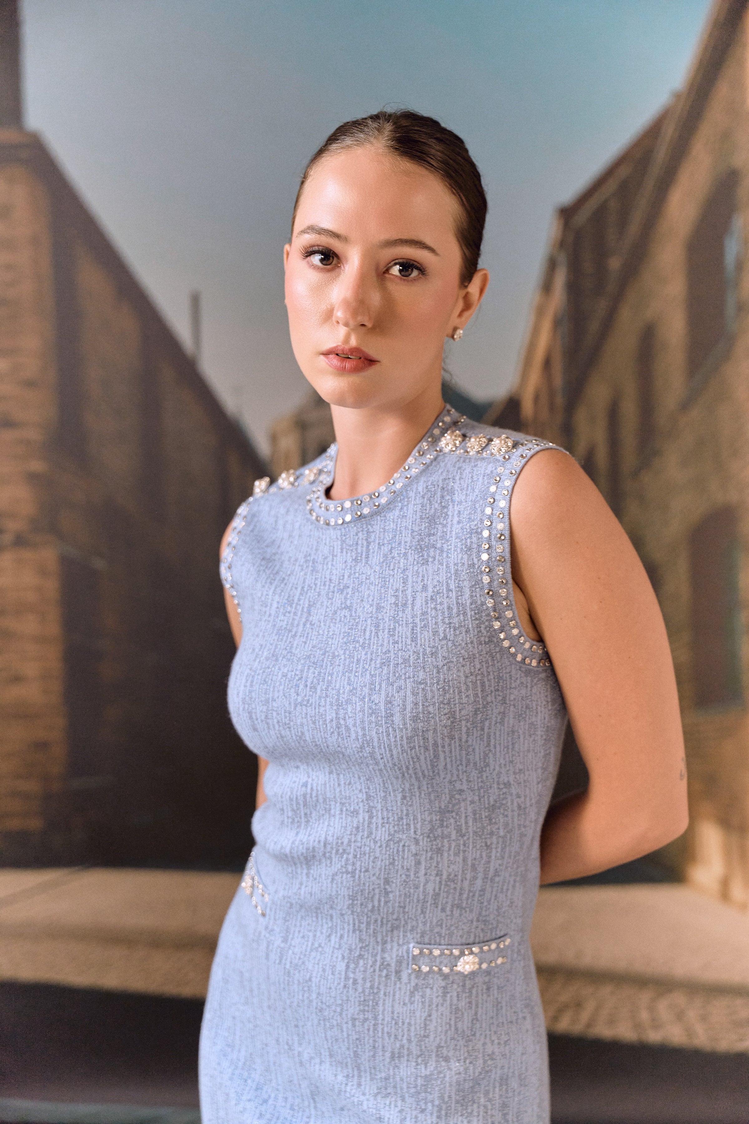 Cashmere Wool shift dress with crystal studs
