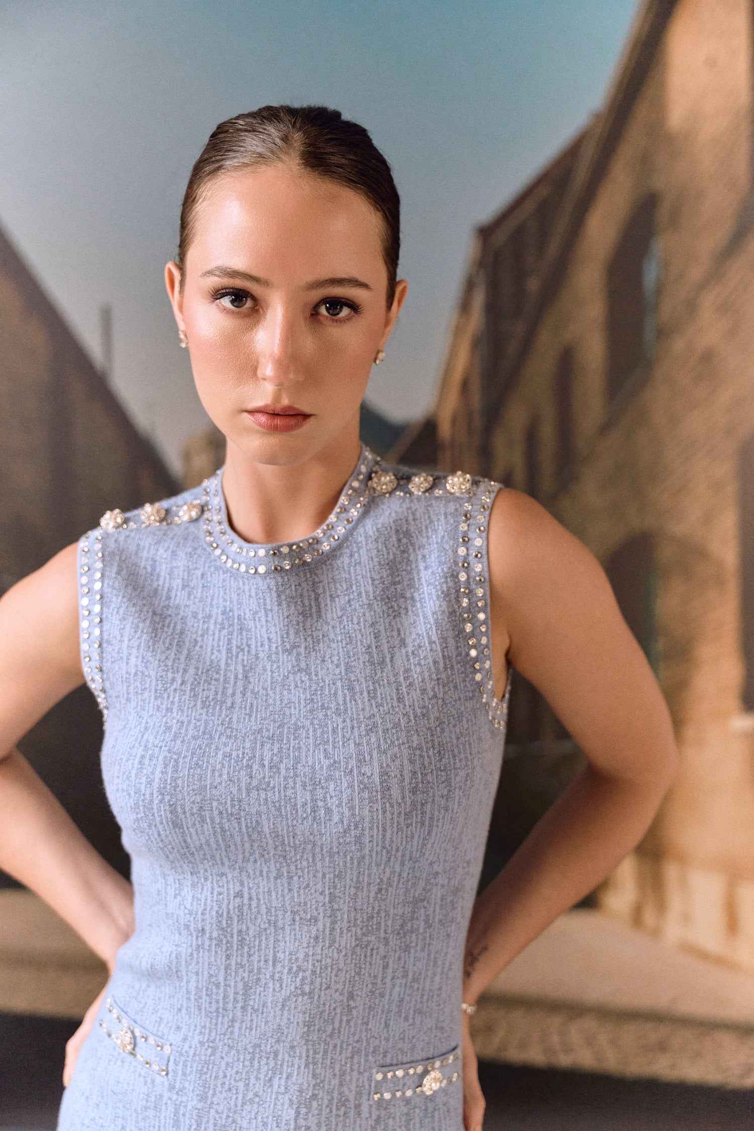 Cashmere Wool shift dress with crystal studs