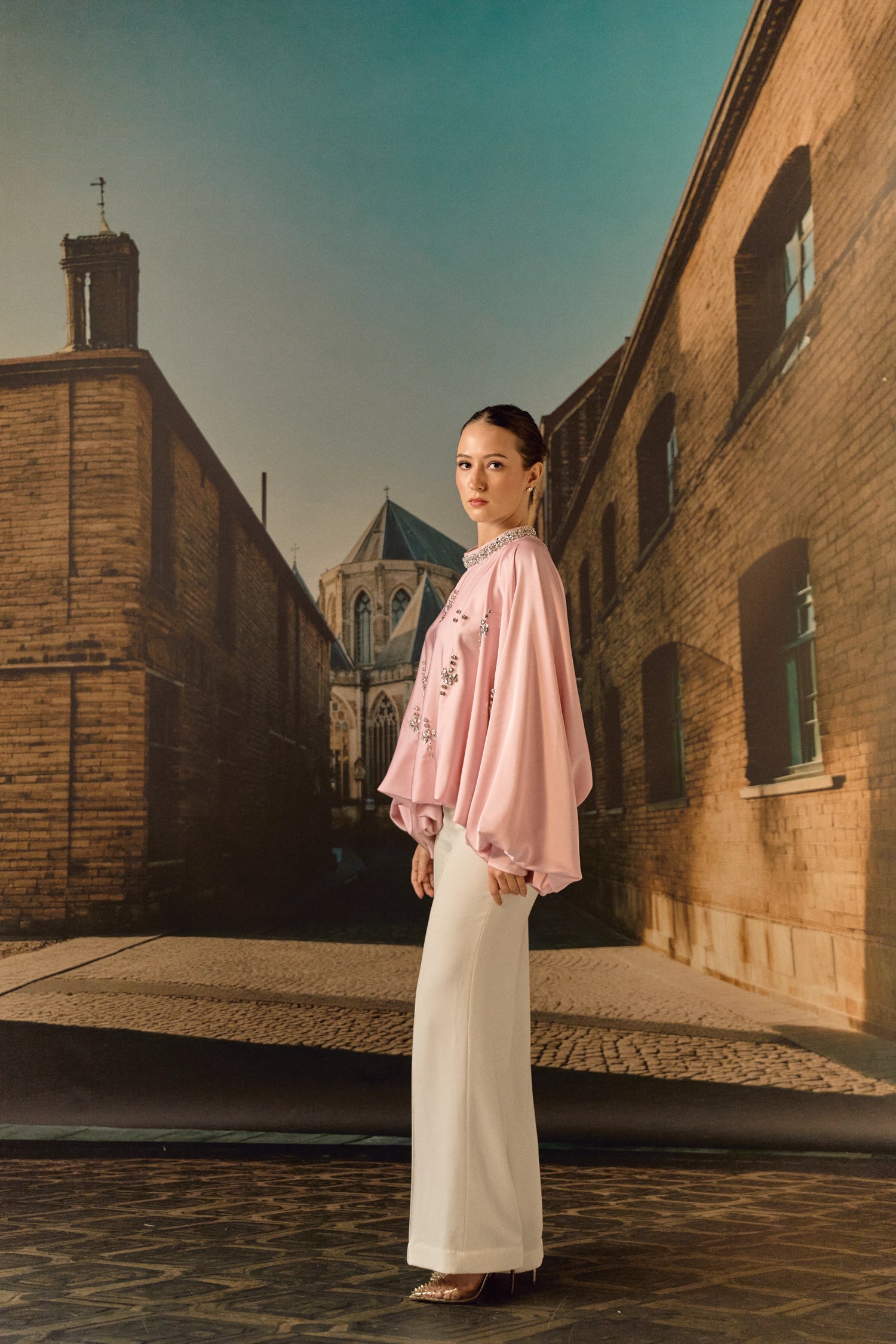 Silk satin balloon crystal kaftan top - Blush pink