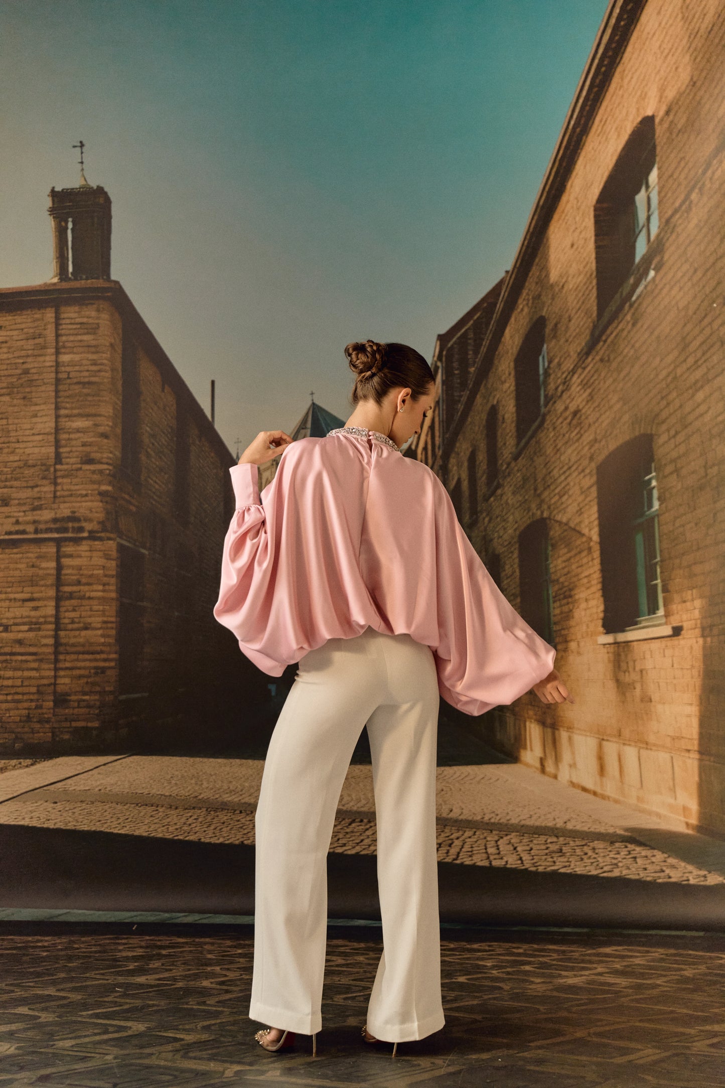 Silk satin balloon crystal kaftan top - Blush pink
