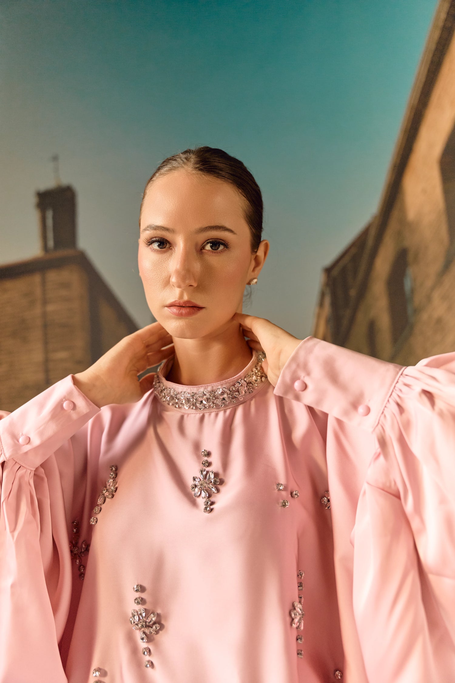Silk satin balloon crystal kaftan top - Blush pink