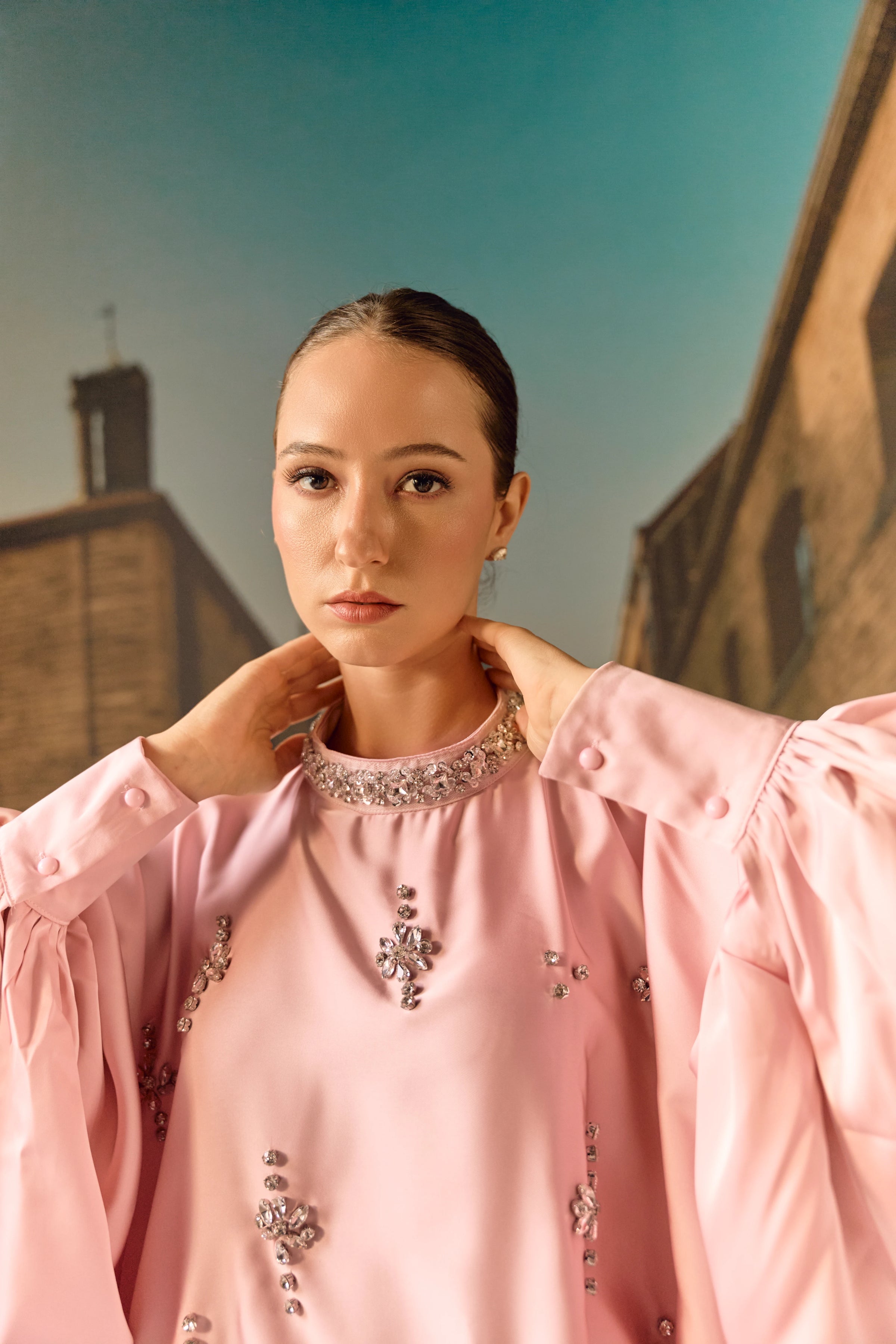 Silk satin balloon crystal kaftan top - Blush pink