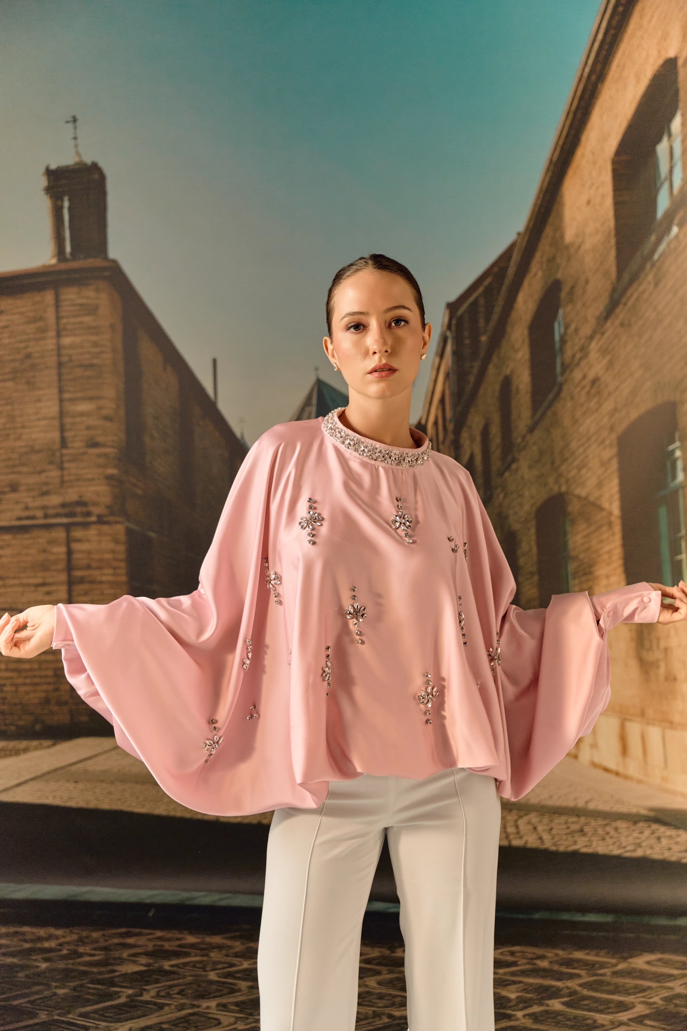 Silk satin balloon crystal kaftan top - Blush pink