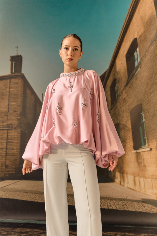 Silk satin balloon crystal kaftan top - Blush pink