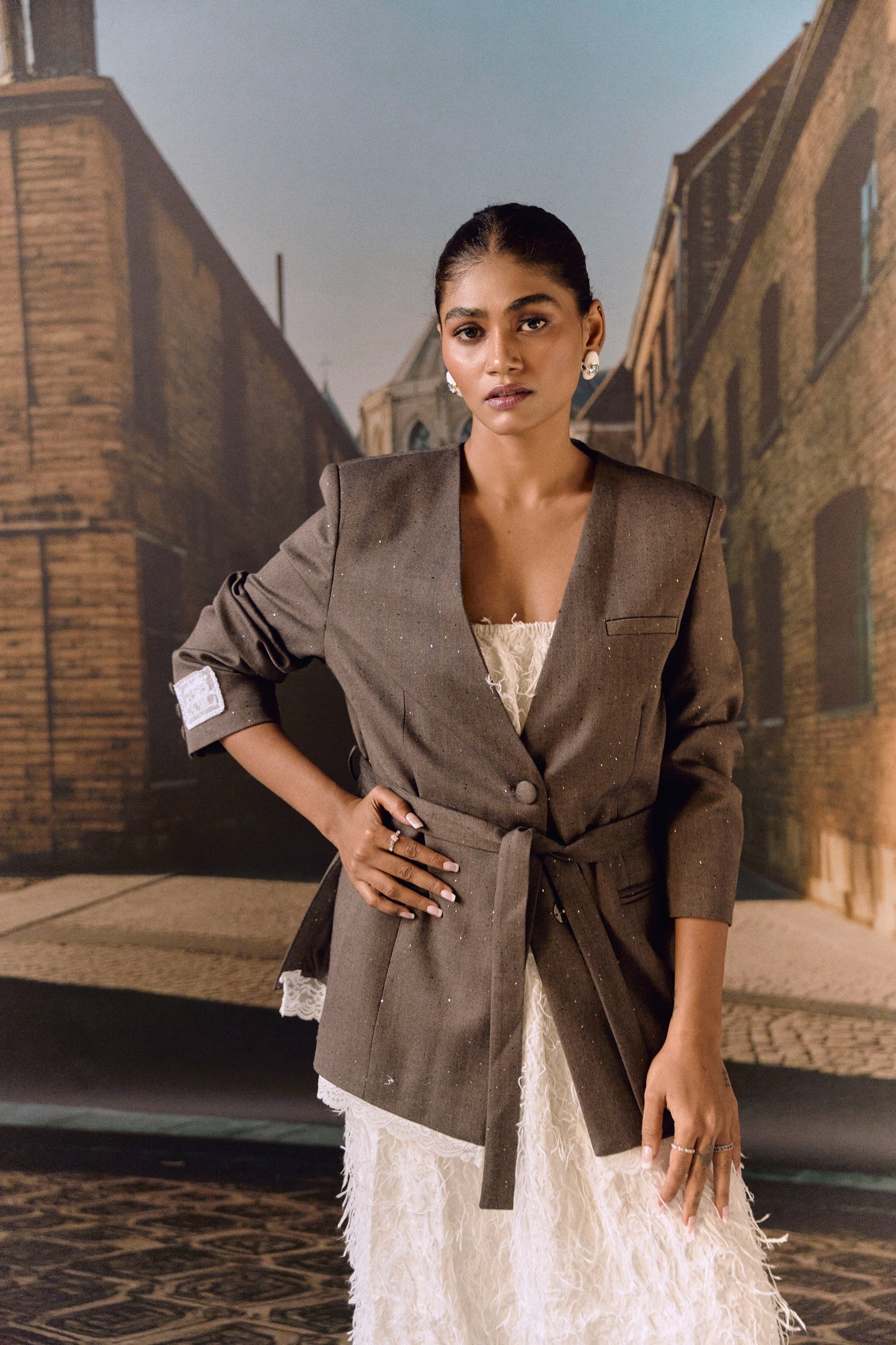 Ash Pure wool sparkle blazer with lace trim
