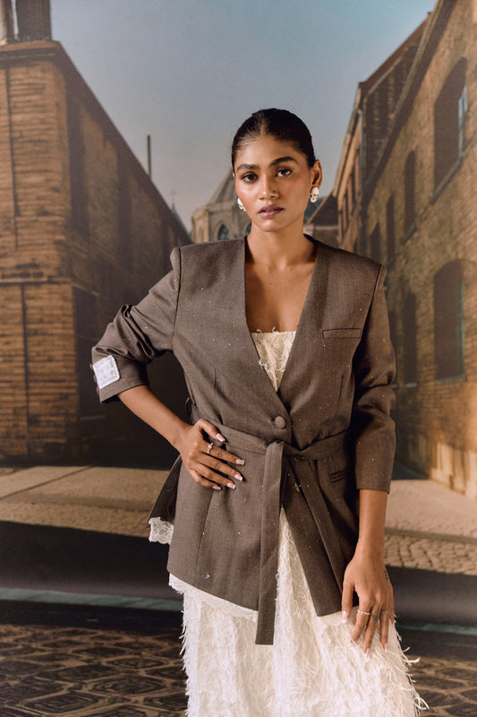Ash Pure wool sparkle blazer with lace trim