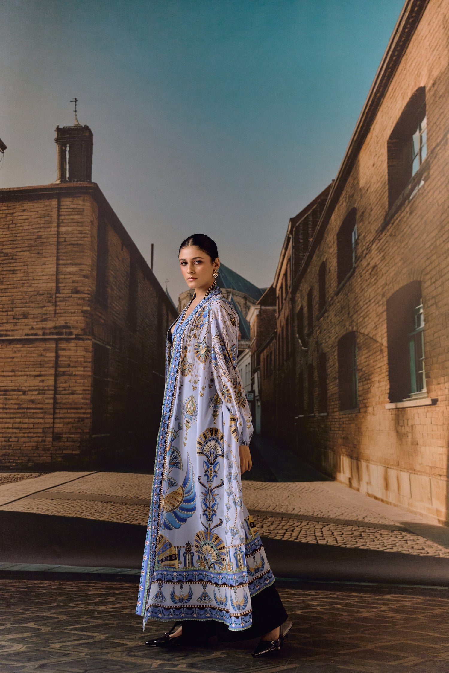 Sky-blue Printed Silk Belted Kaftan