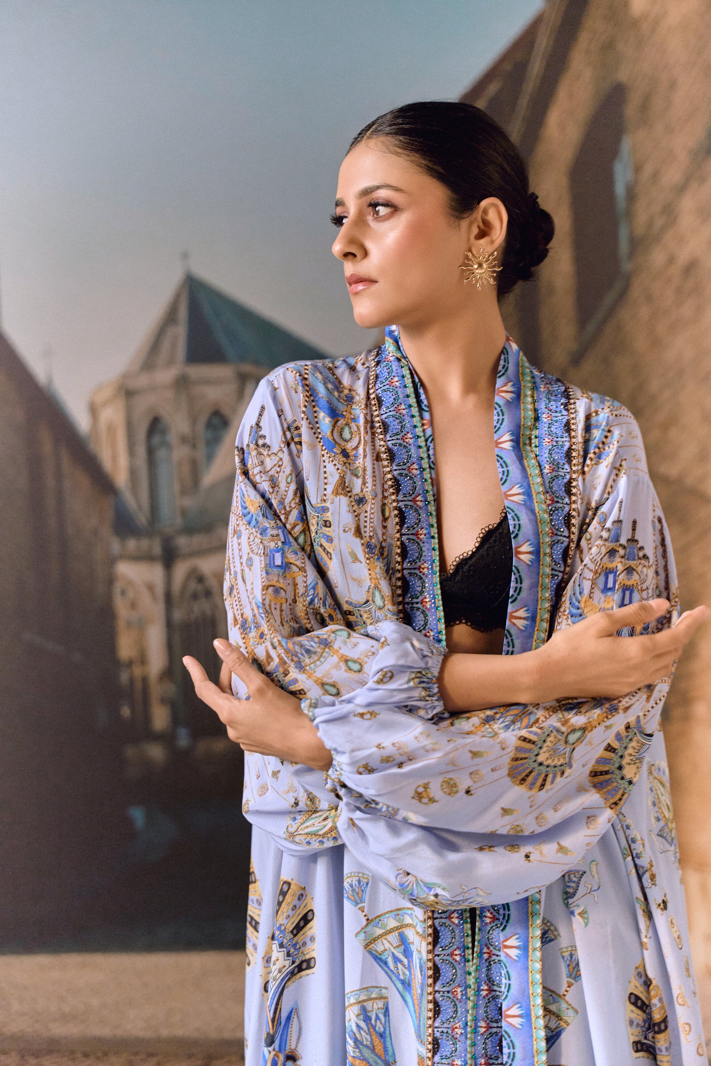 Sky-blue Printed Silk Belted Kaftan
