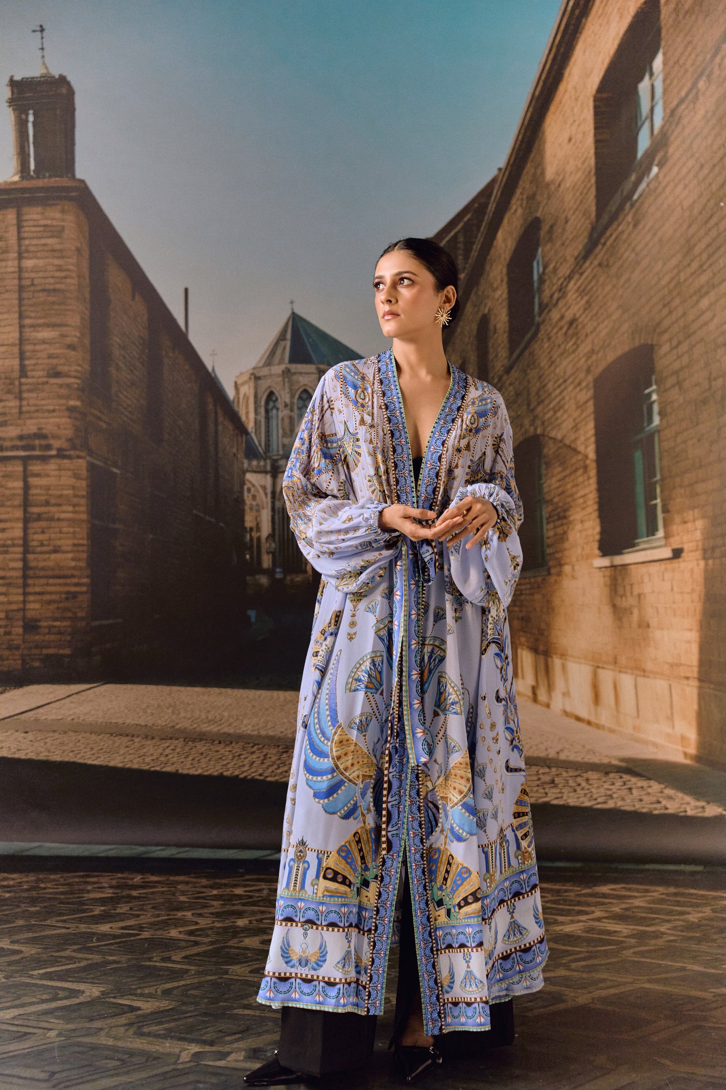 Sky-blue Printed Silk Belted Kaftan
