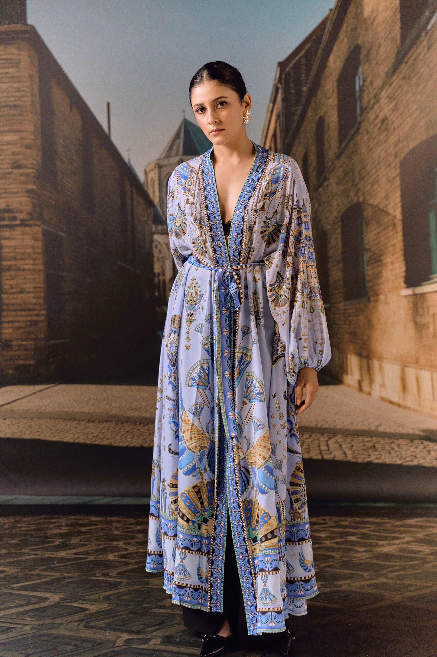 Sky-blue Printed Silk Belted Kaftan