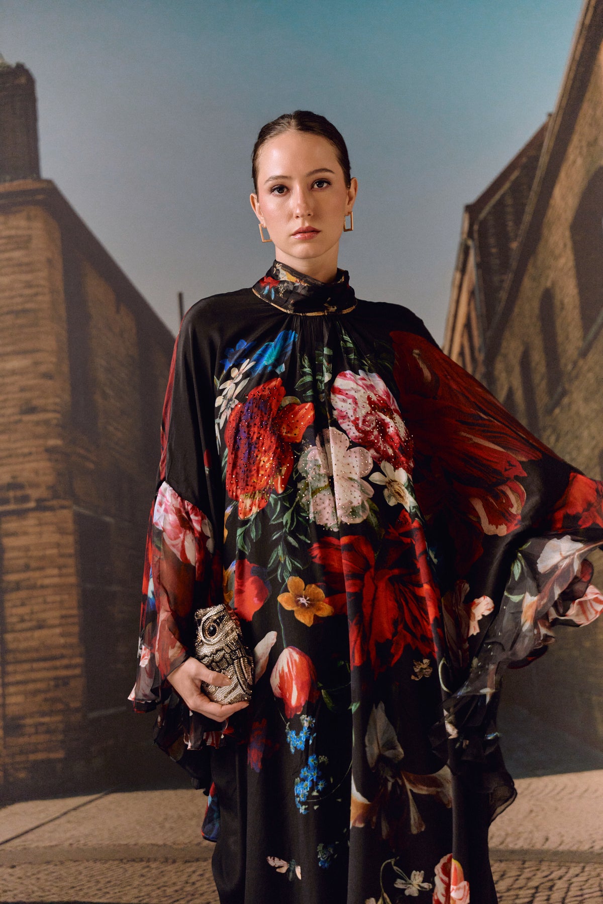 Digital Floral Crystal Kaftan- Black