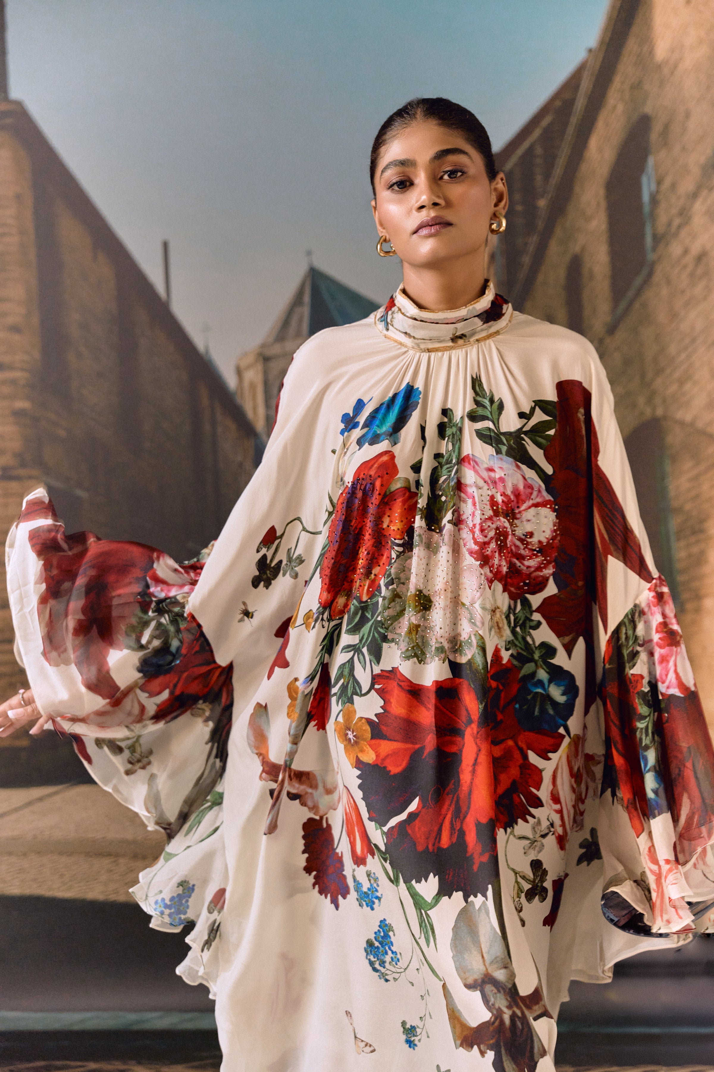 Digital Floral Crystal Kaftan- Off-white