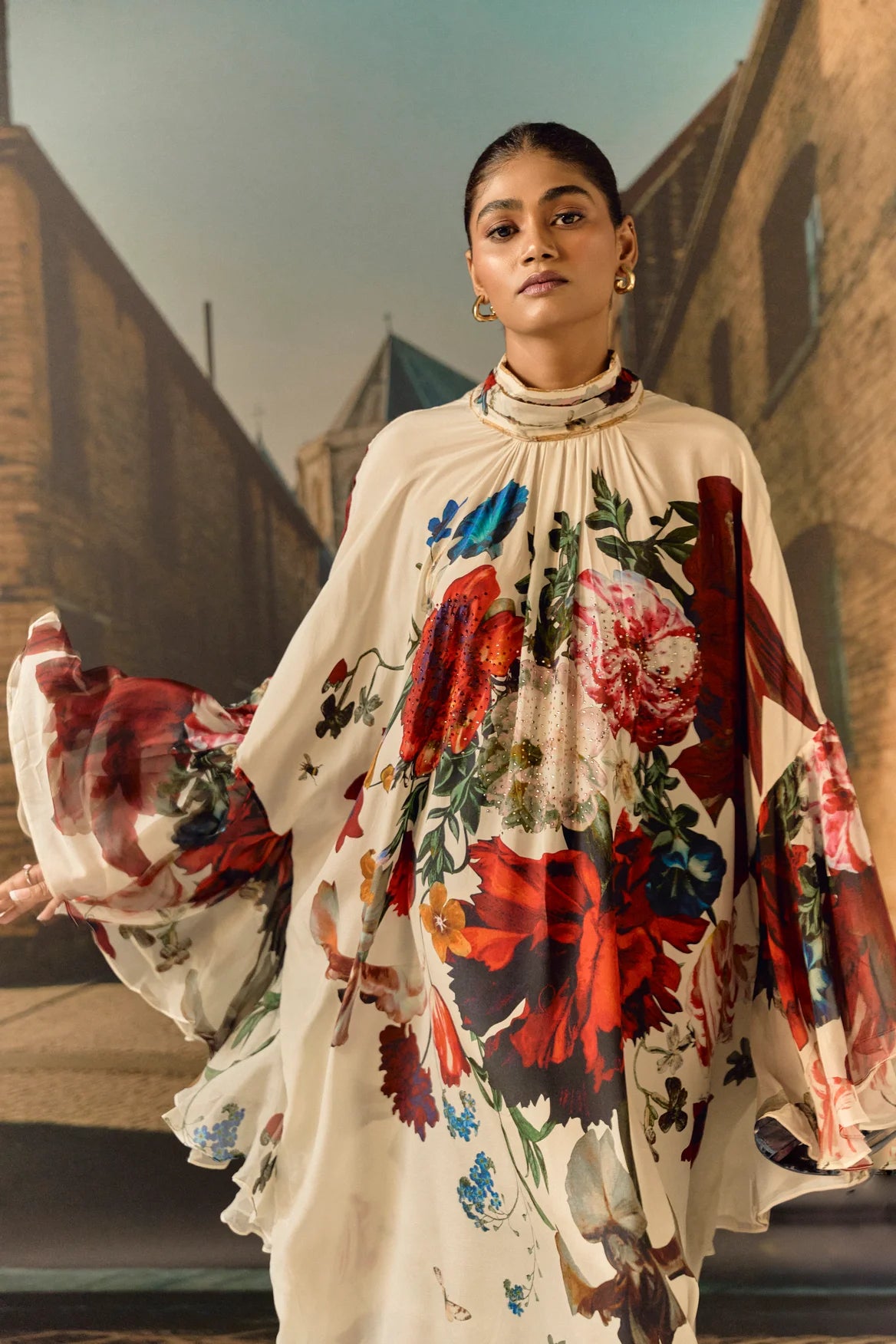 Digital print silk Chiffon ruffle kaftan with crystal - Off-white