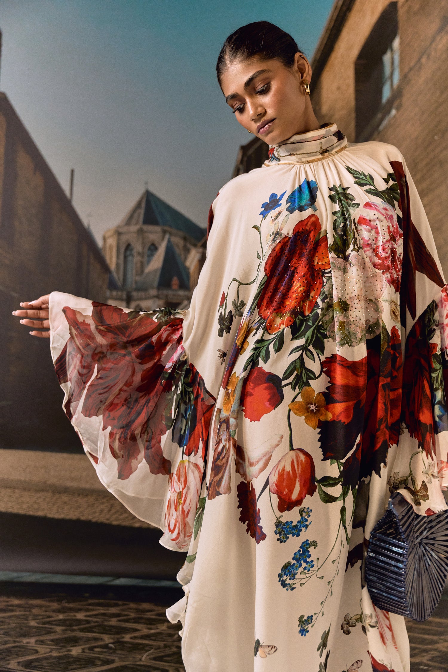 Digital Floral Crystal Kaftan- Off-white