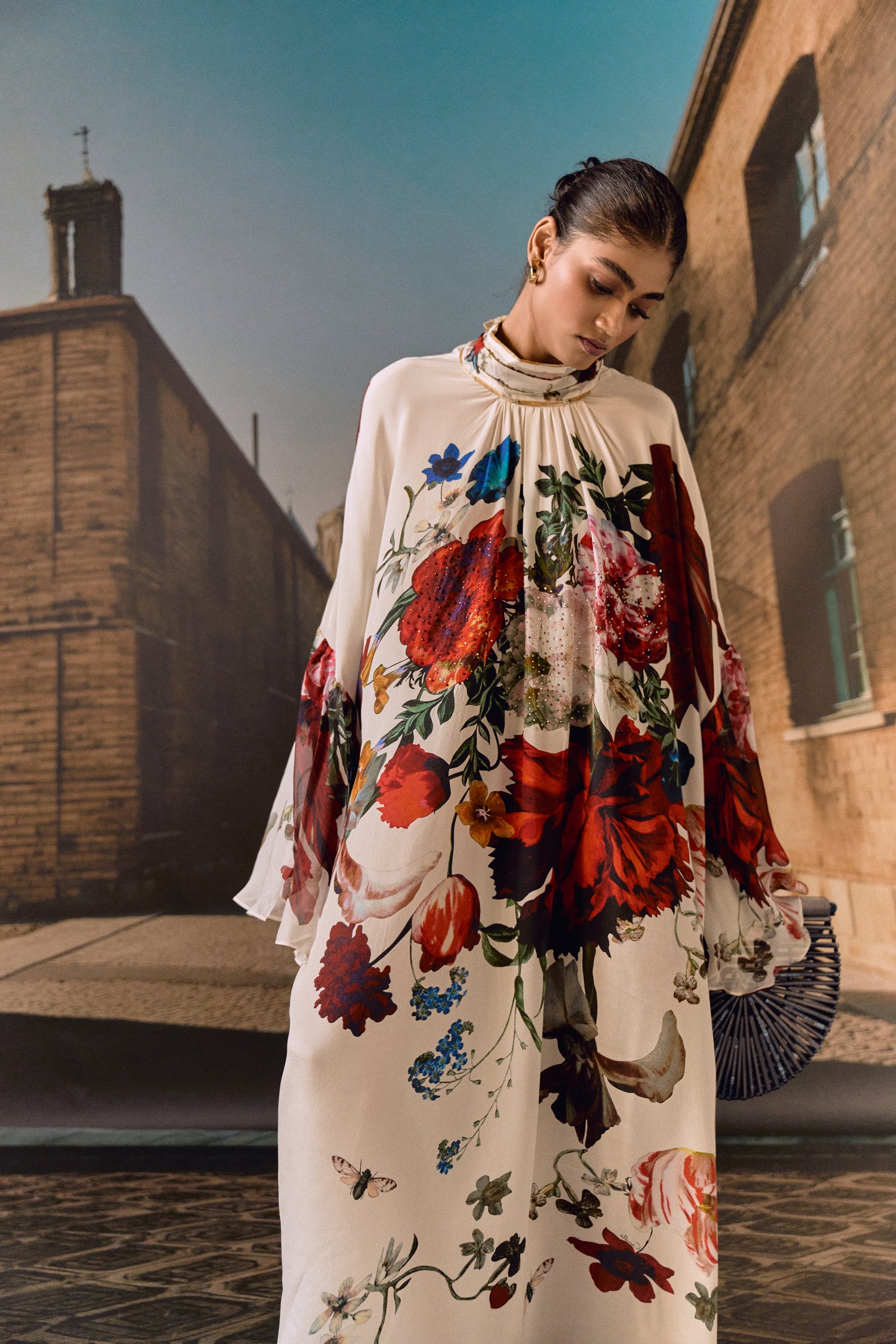 Digital Floral Crystal Kaftan- Off-white