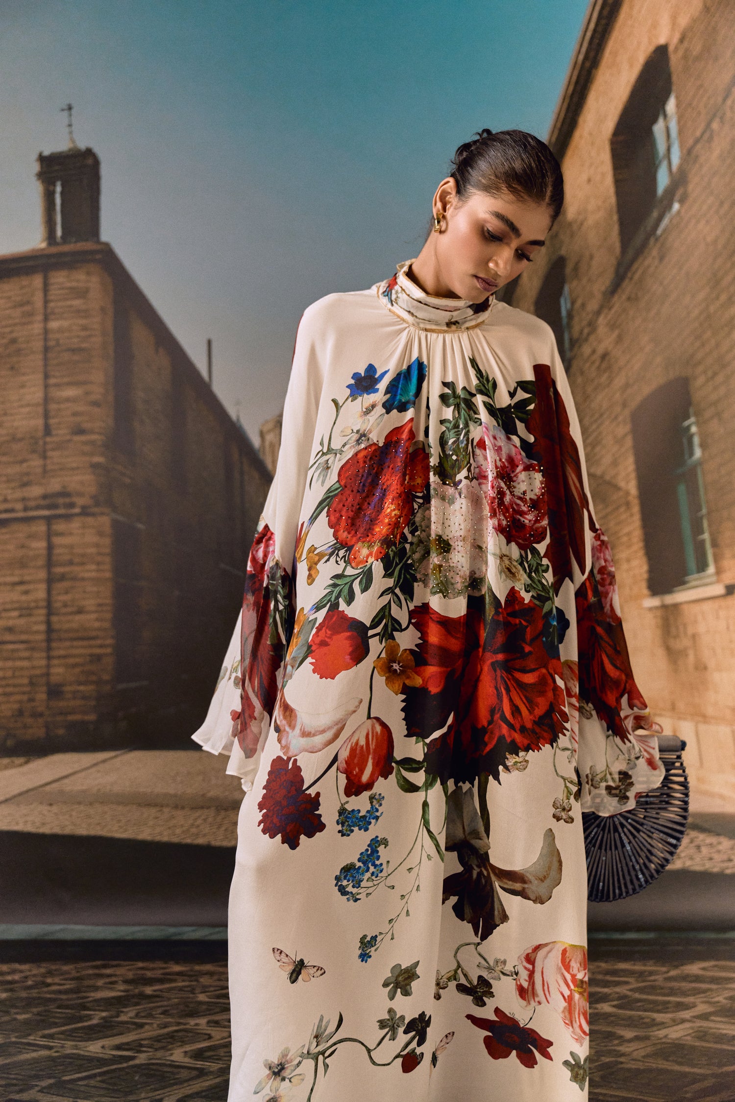 Digital Floral Crystal Kaftan- Off-white