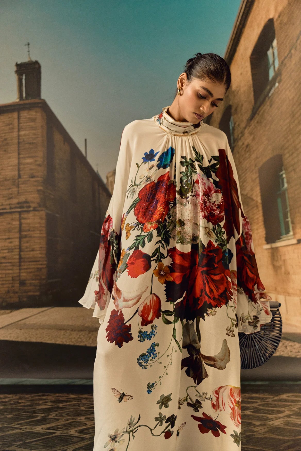 Digital print silk Chiffon ruffle kaftan with crystal - Off-white