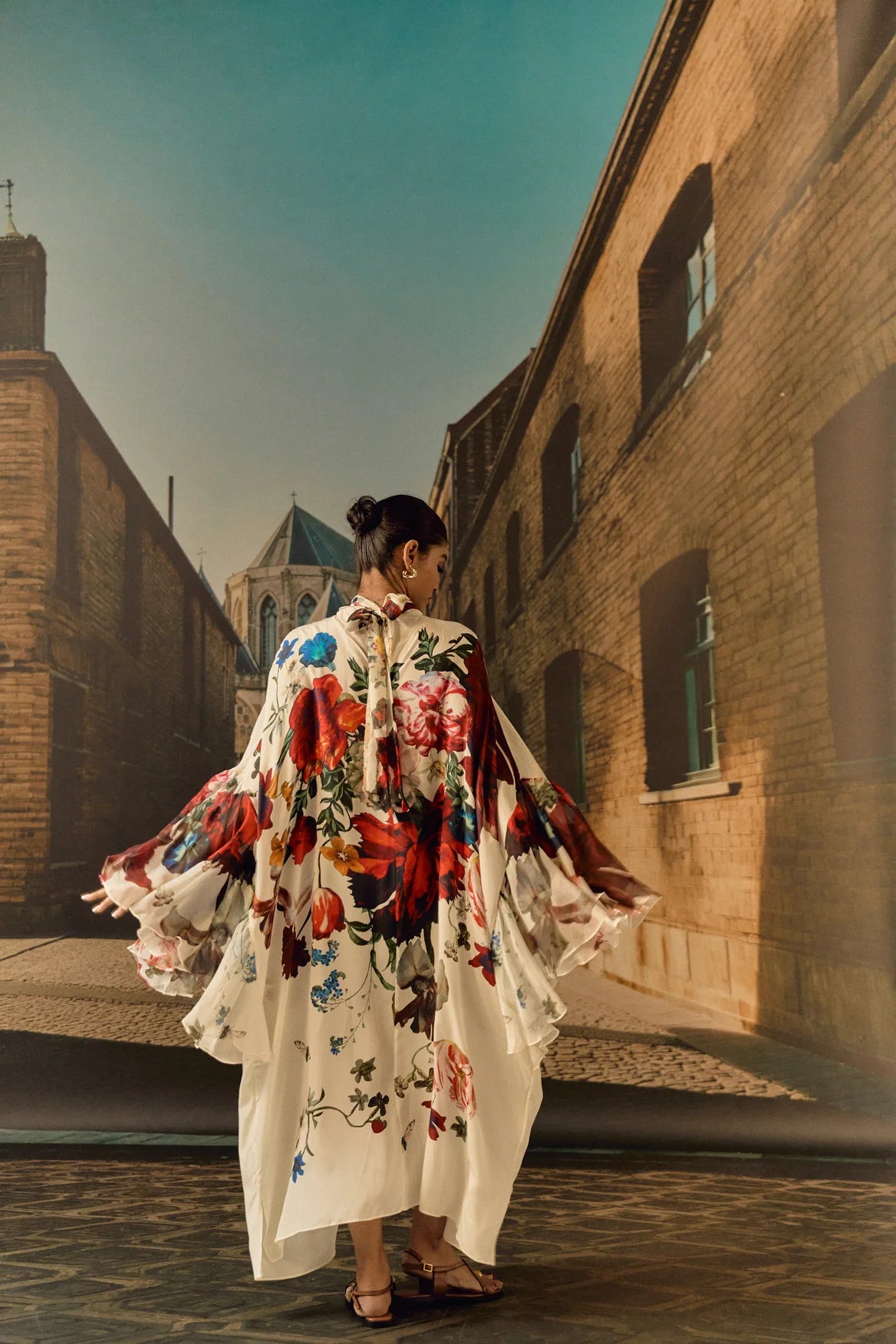 Digital print silk Chiffon ruffle kaftan with crystal - Off-white