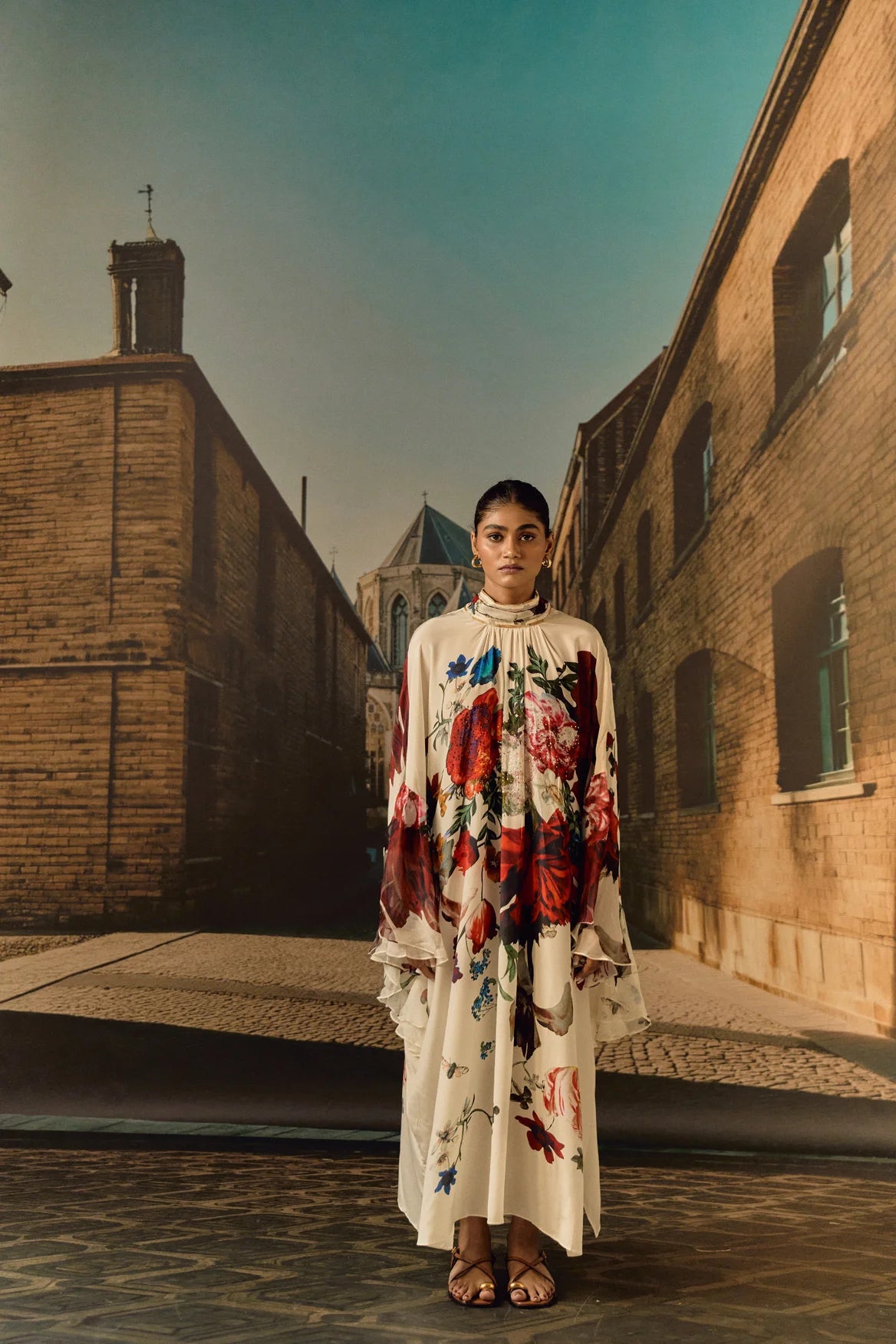 Digital print silk Chiffon ruffle kaftan with crystal - Off-white