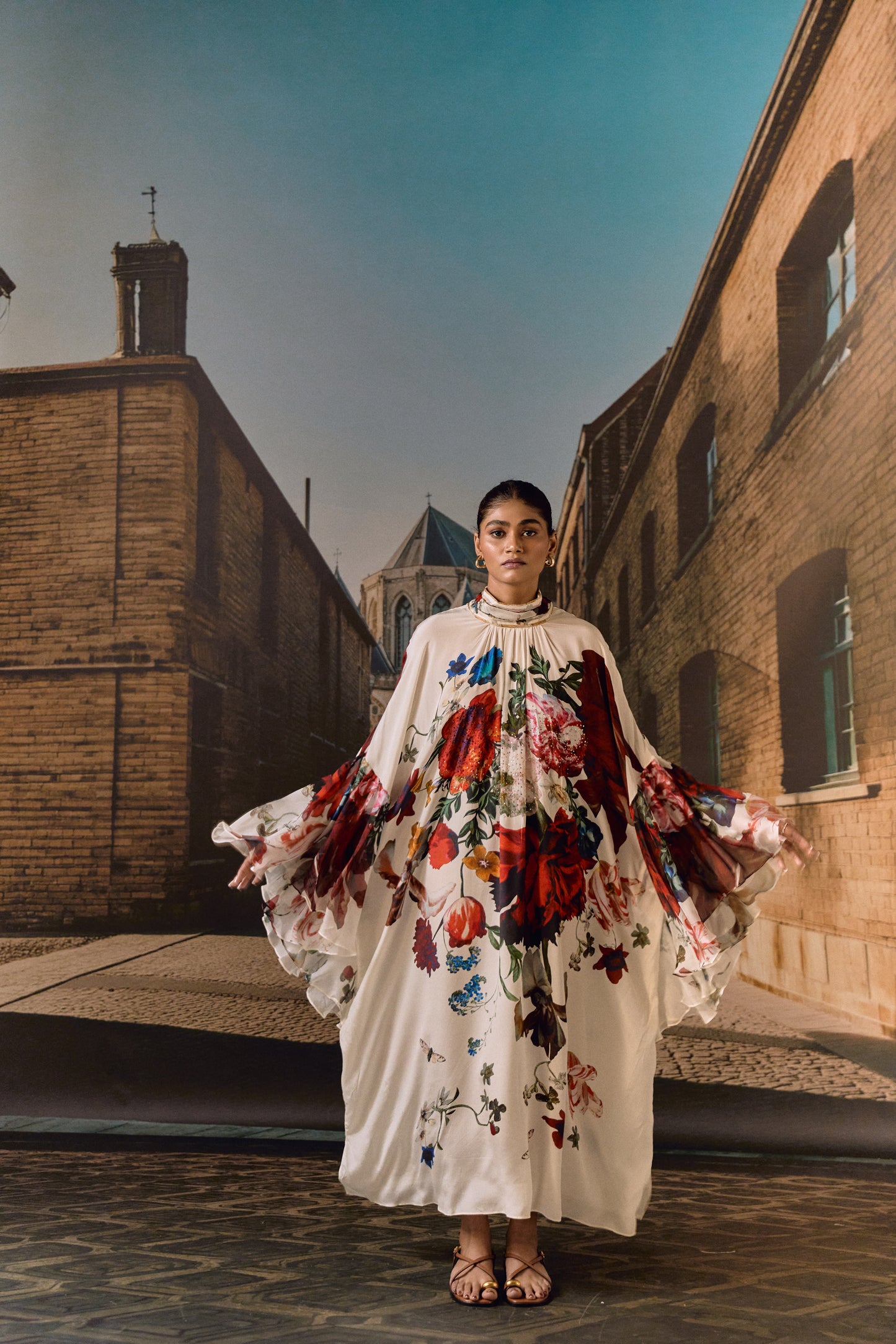 Digital Floral Crystal Kaftan- Off-white