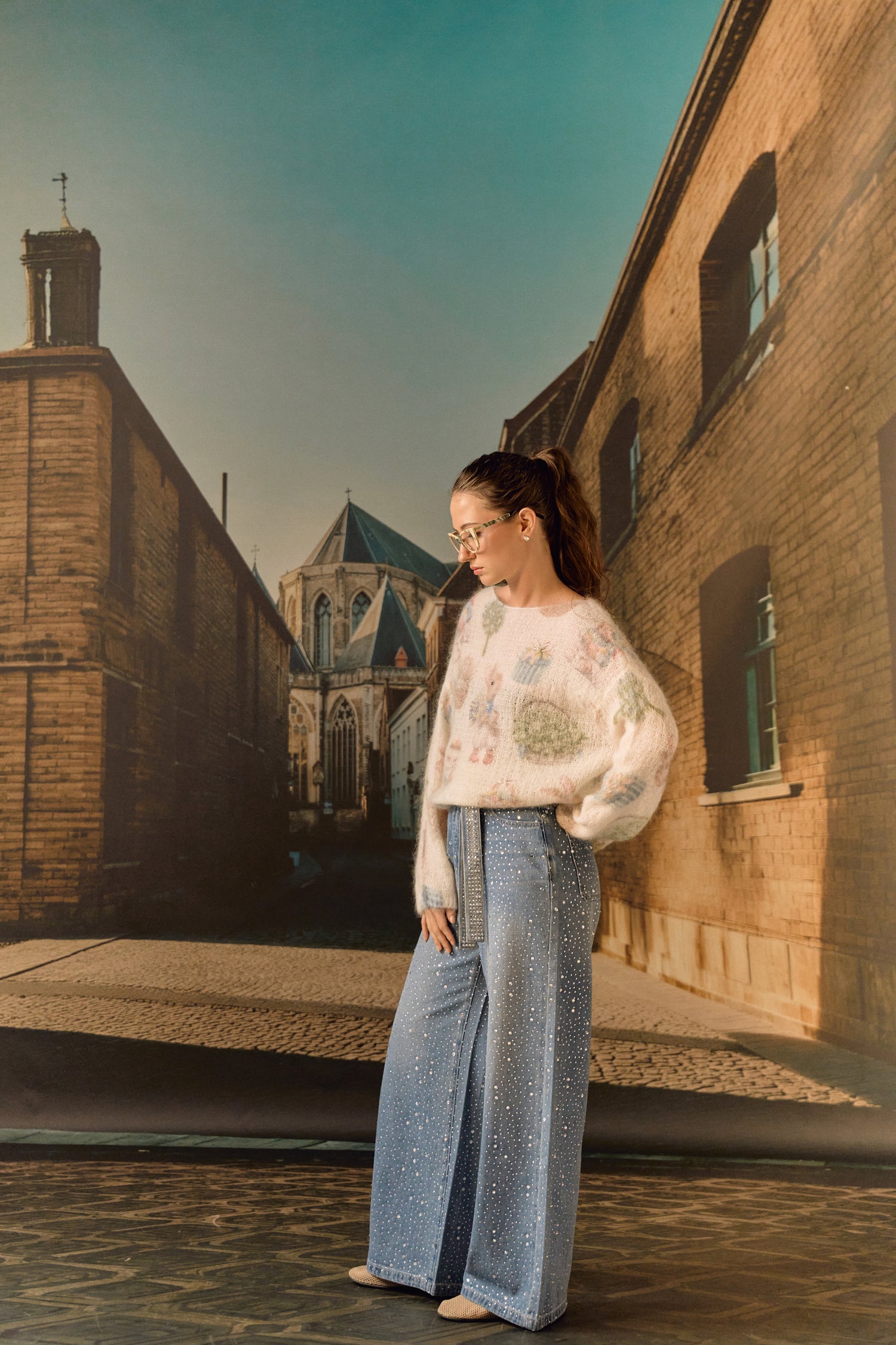 Straight Leg Full crystal Denim with belt