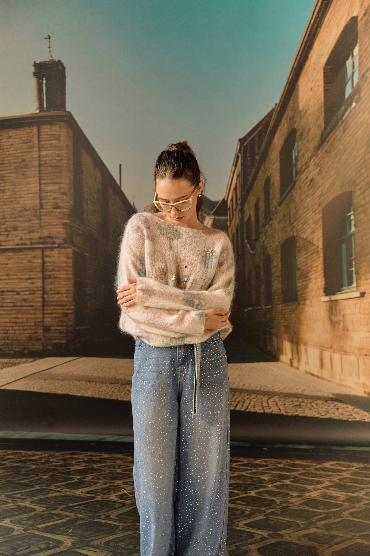 Straight Leg Full crystal Denim with belt