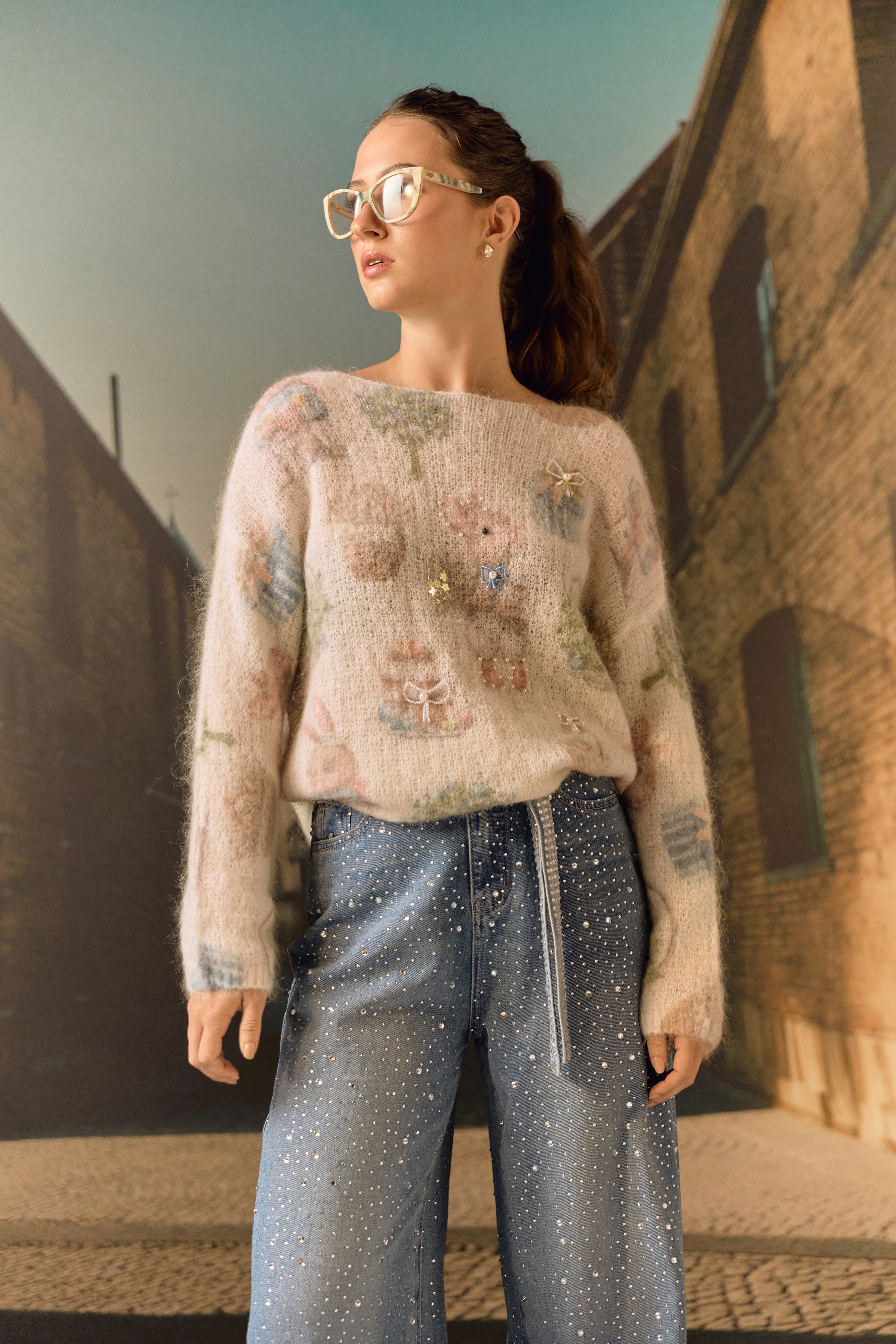 Straight Leg Full crystal Denim with belt
