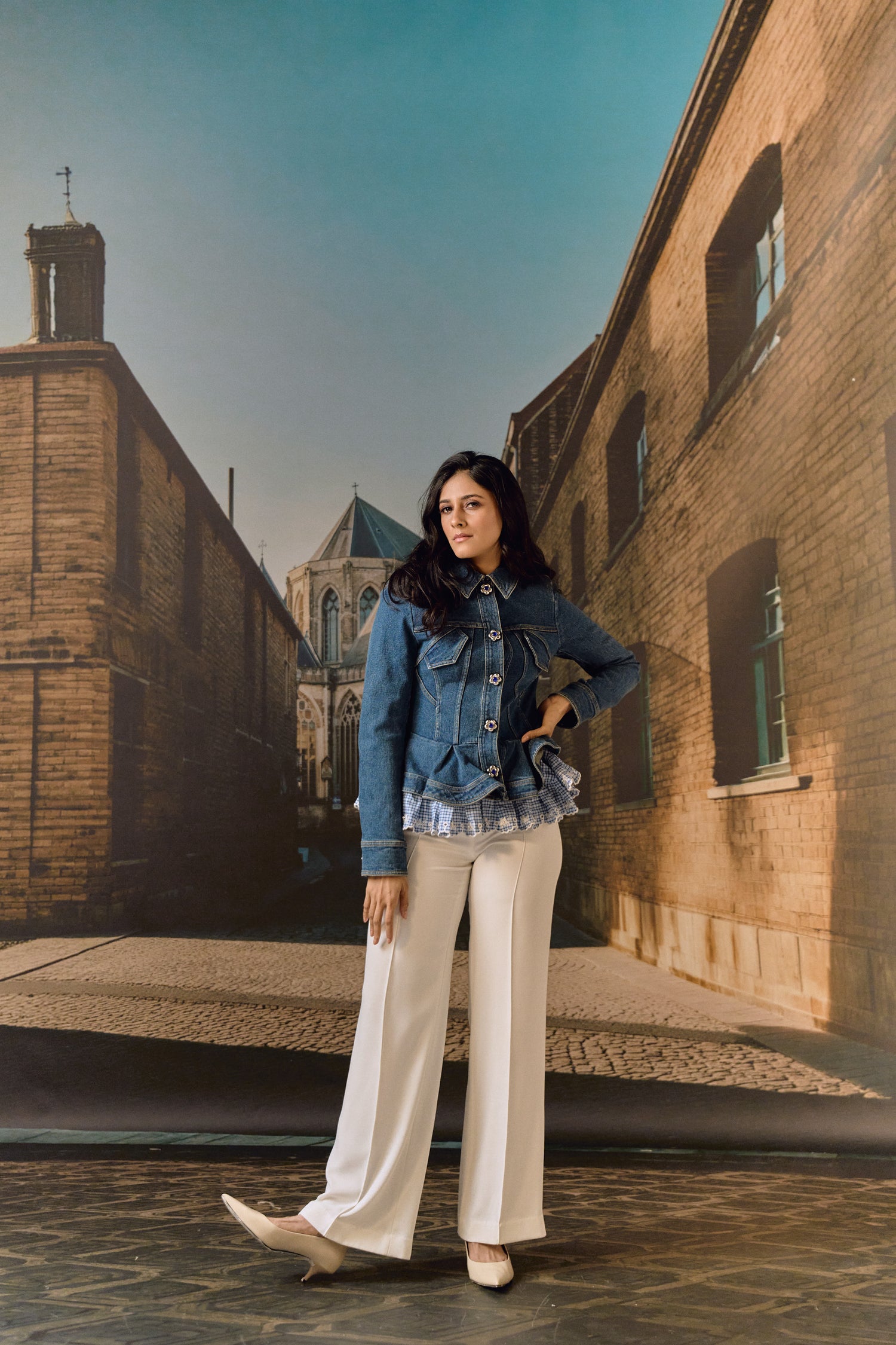 Corset Denim Jacket with checkered Peplum