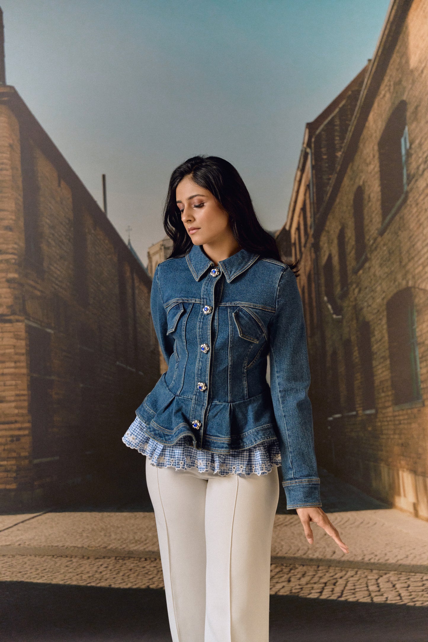 Corset Denim Jacket with checkered Peplum