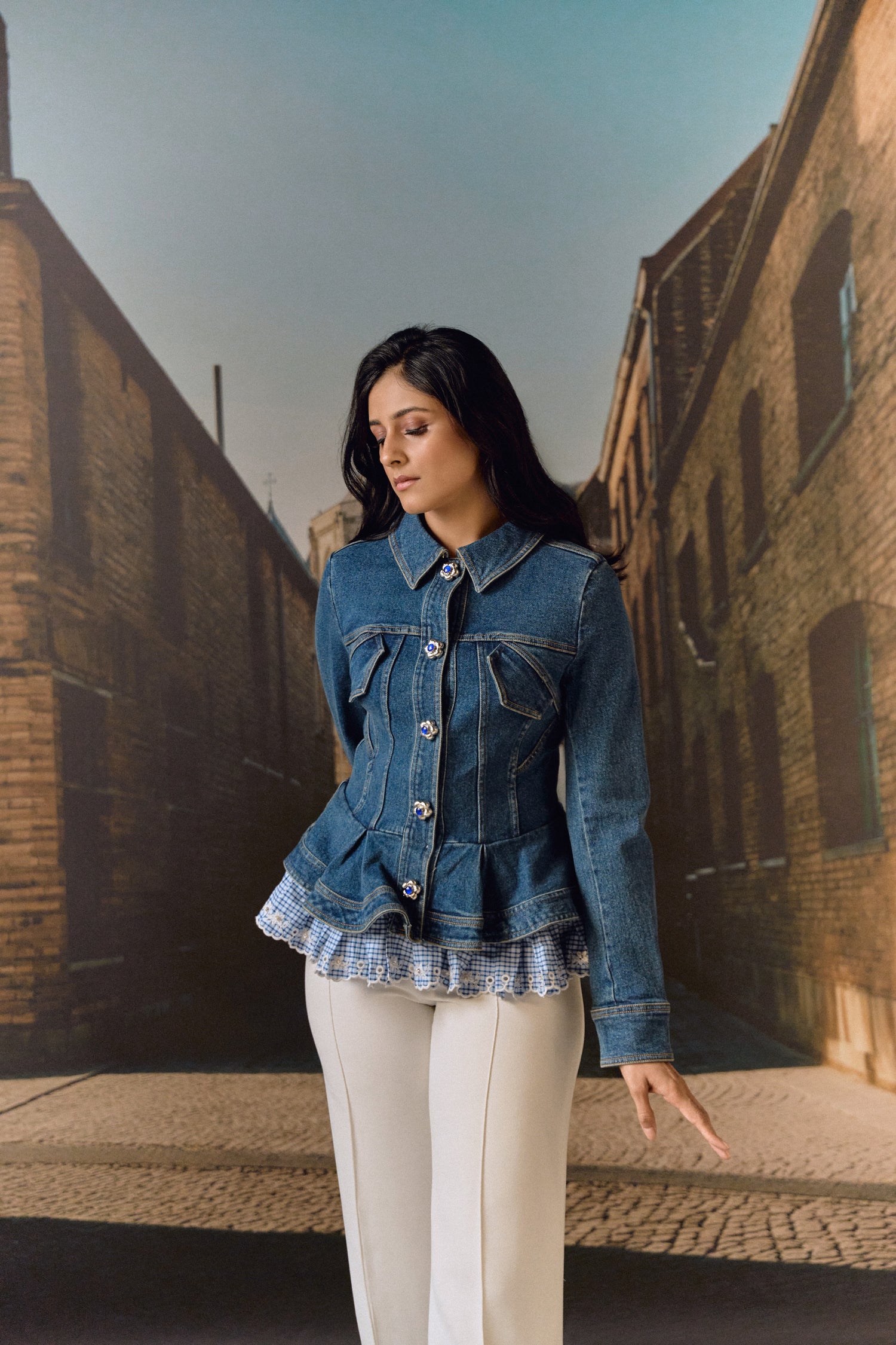 Corset Denim Jacket with checkered Peplum
