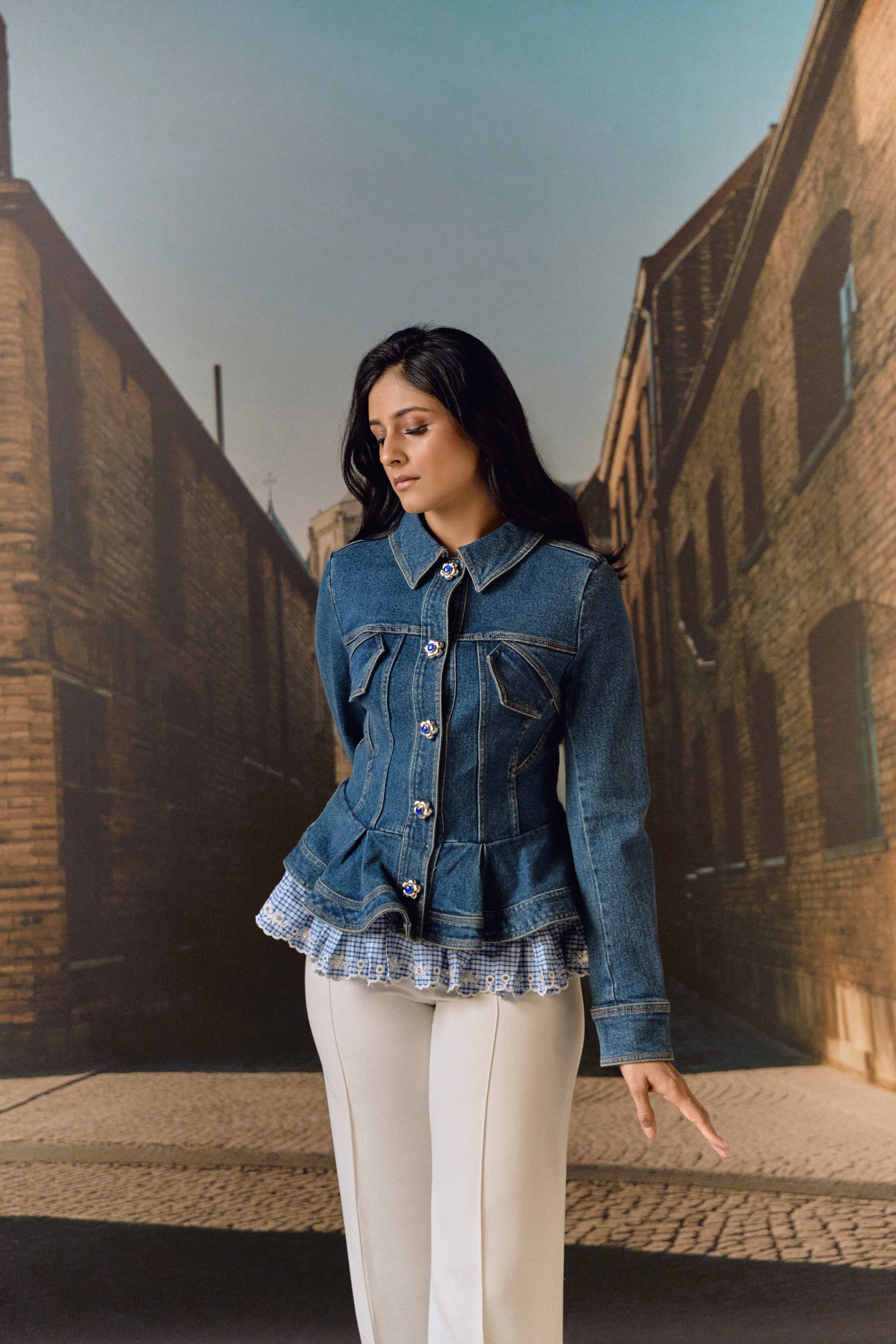 Corset Denim Jacket with checkered Peplum