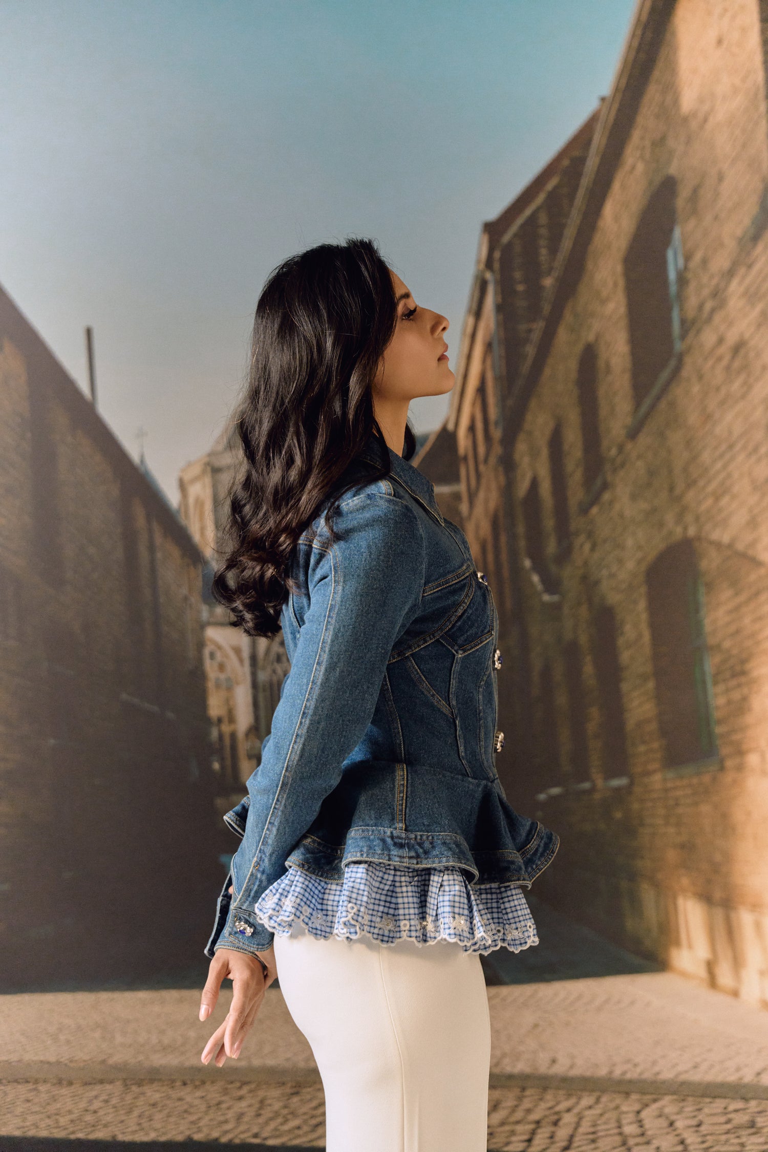Corset Denim Jacket with checkered Peplum