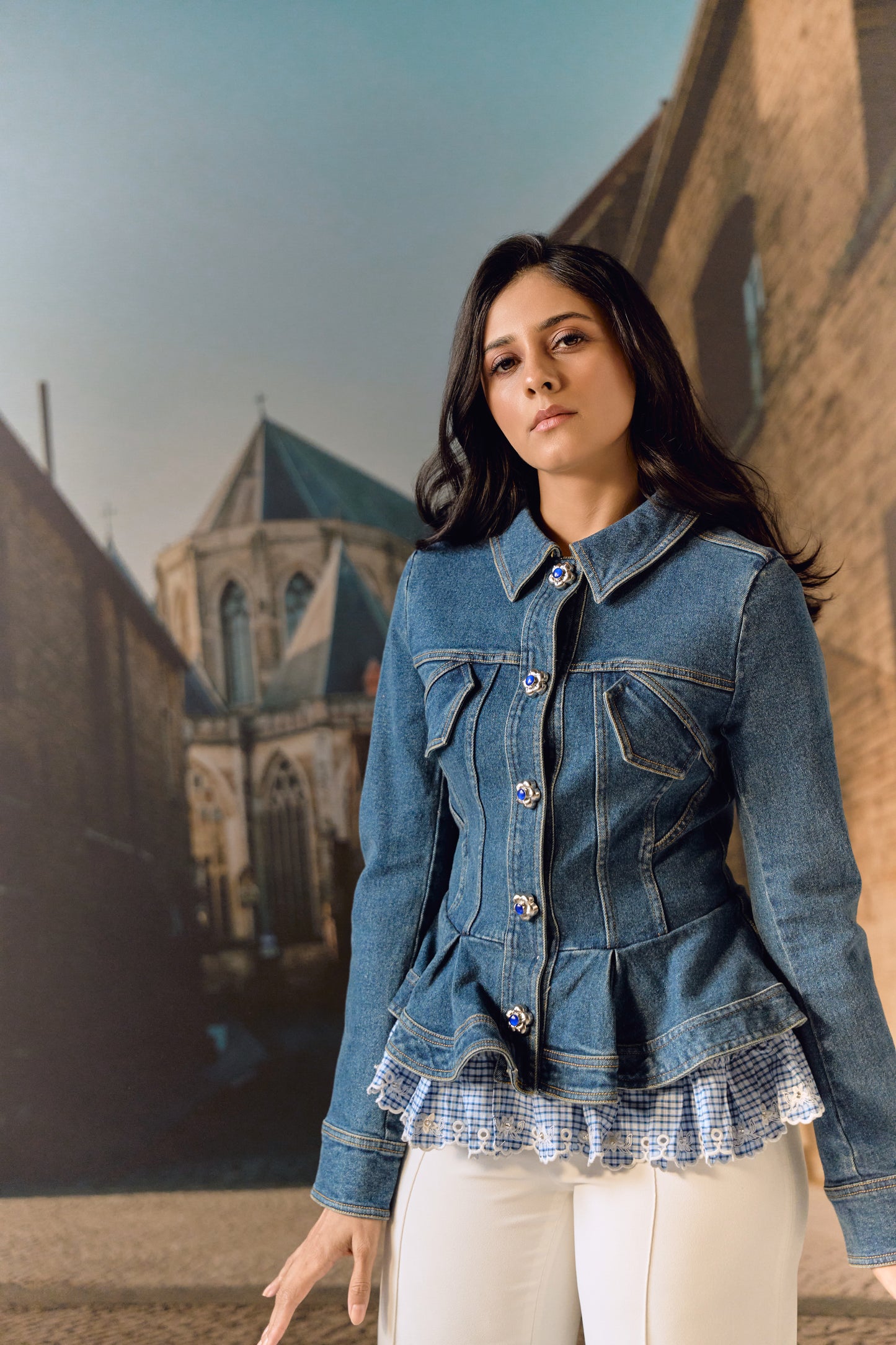 Corset Denim Jacket with checkered Peplum