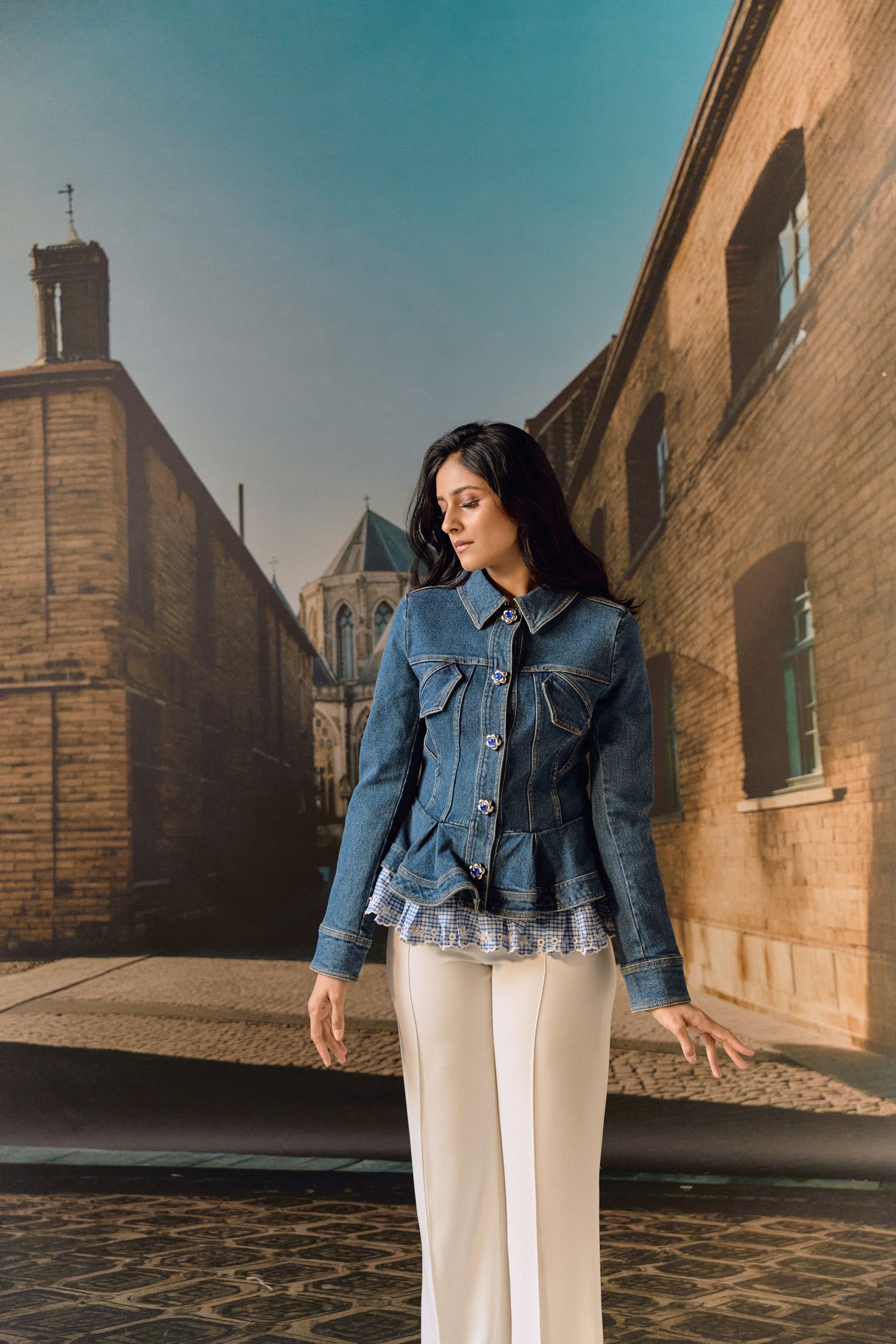 Corset Denim Jacket with checkered Peplum