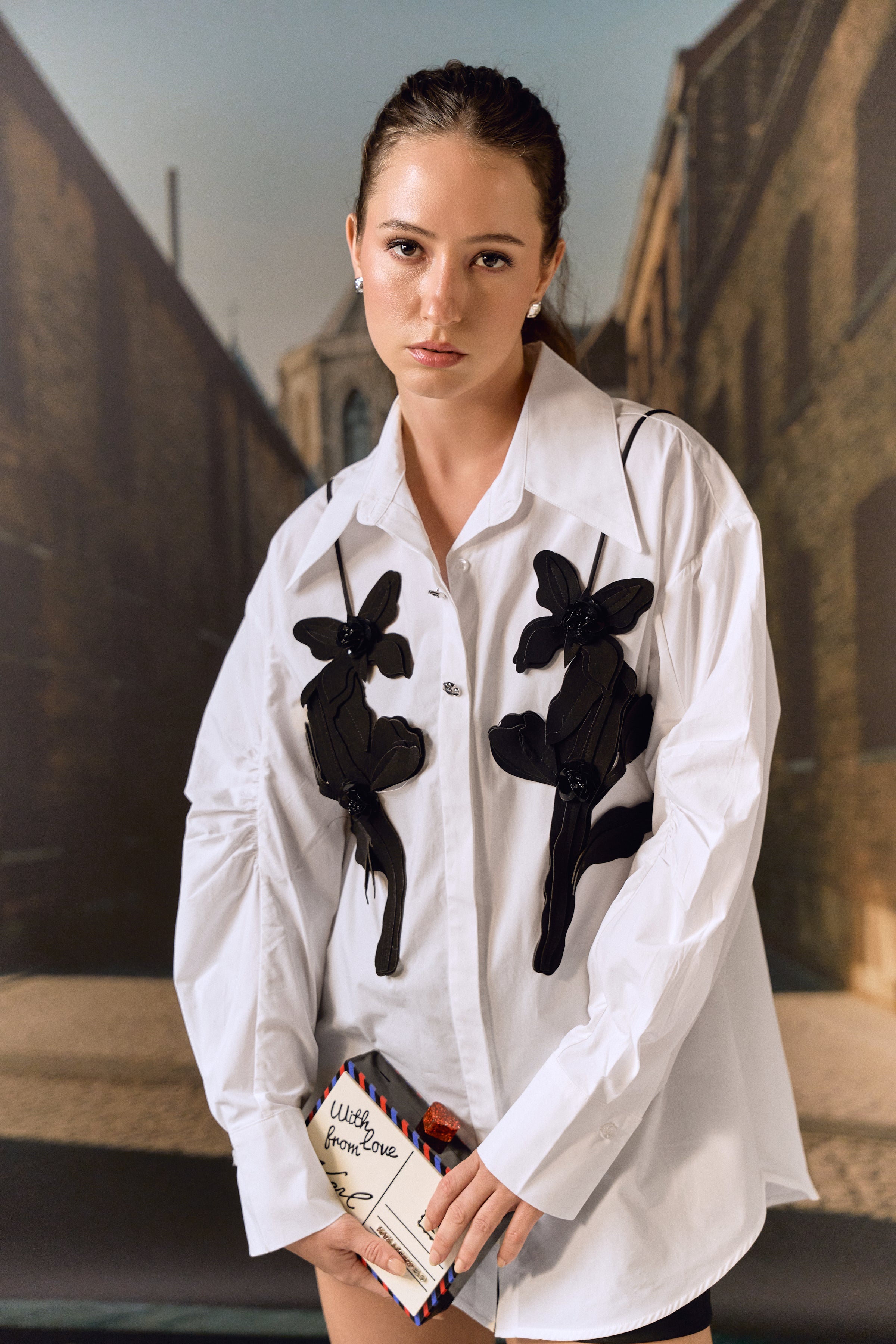 Cotton shirt with leather cut-out work bib - White