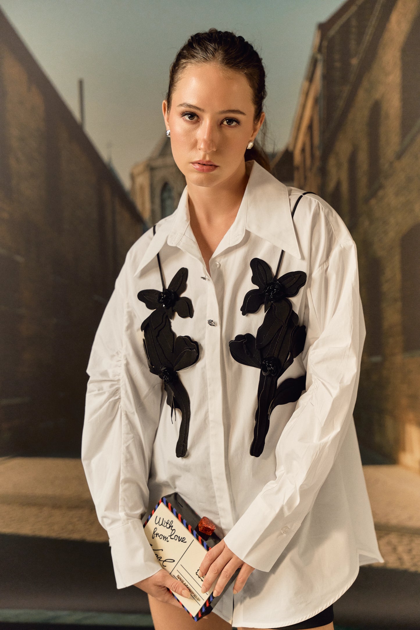 Cotton shirt with leather cut-out work bib - White