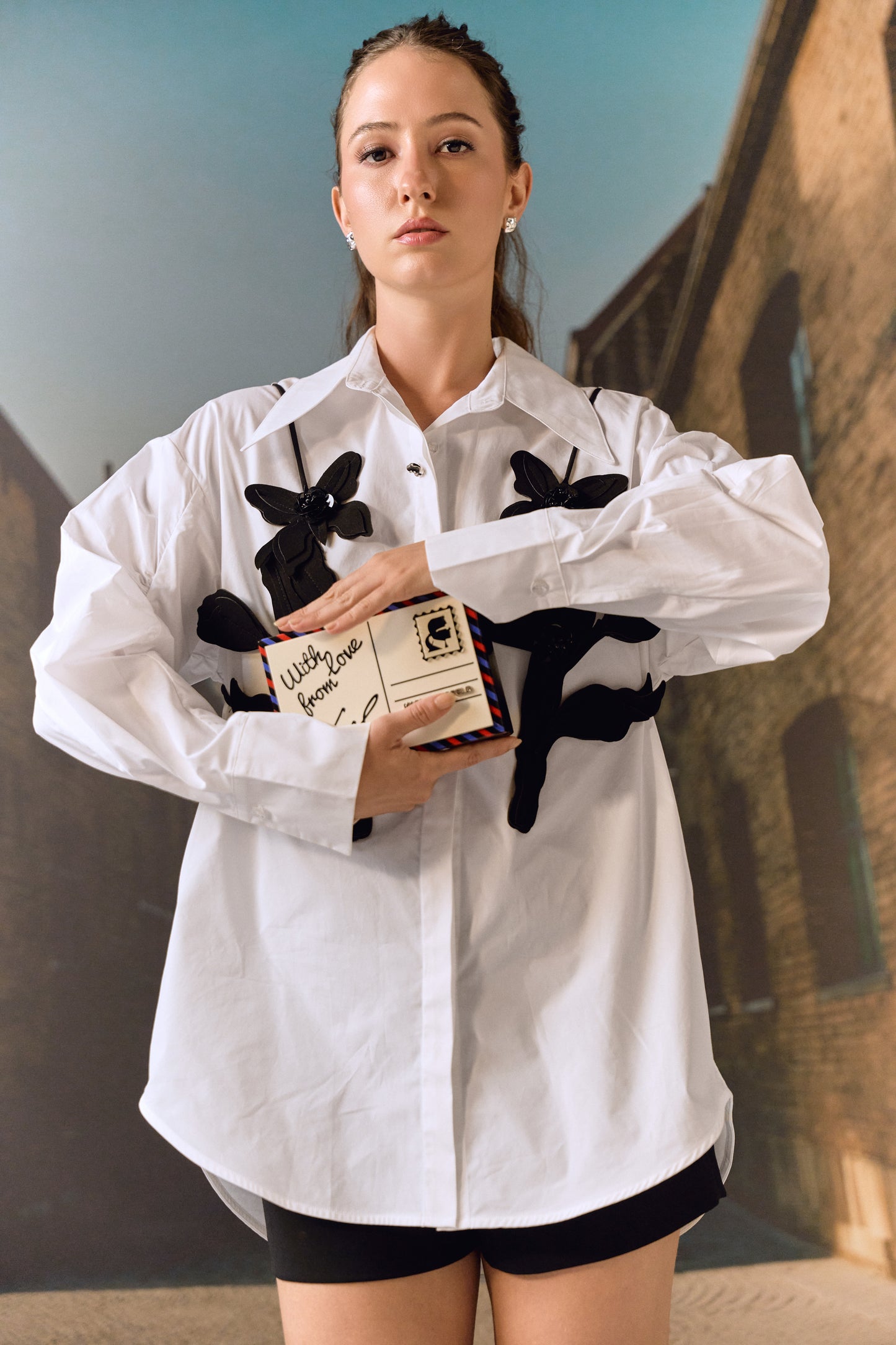 Cotton shirt with leather cut-out work bib - White