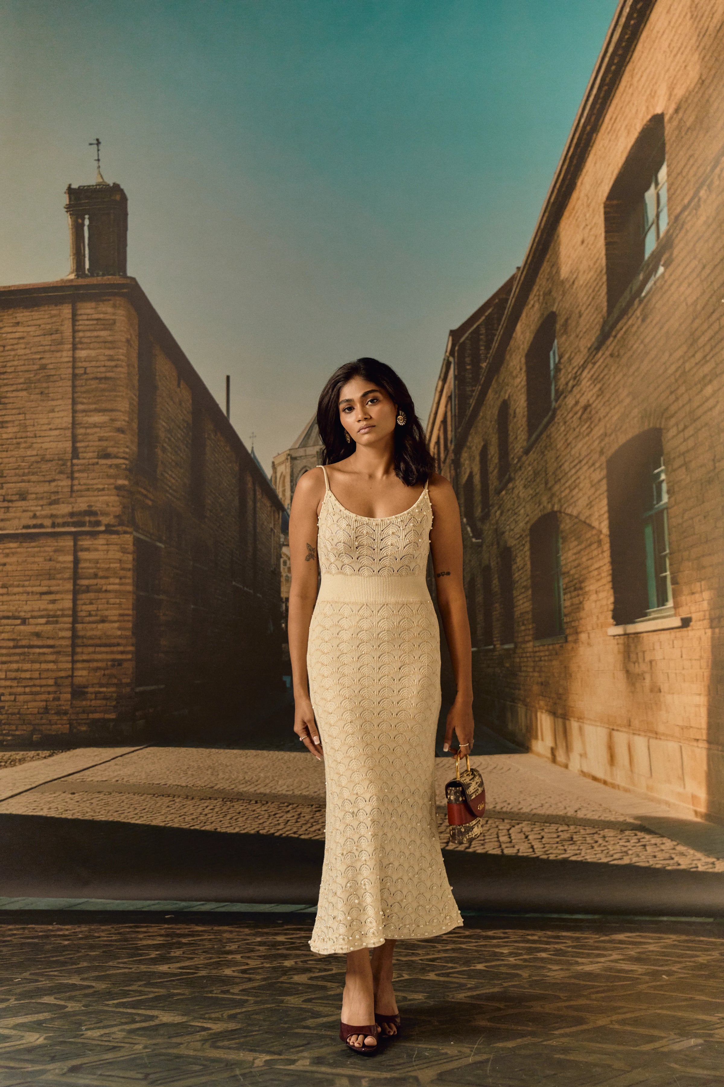 Knit midi strap dress - Ivory